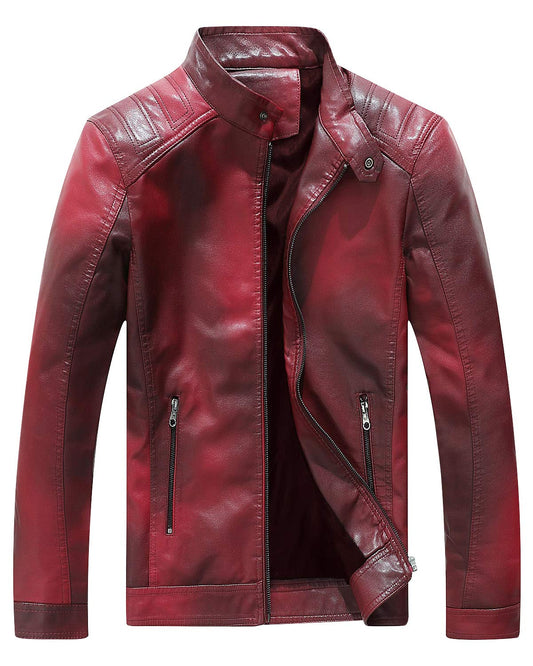 Fairylinks Red Leather Jacket Men Casual Camo, Burgundy, Medium