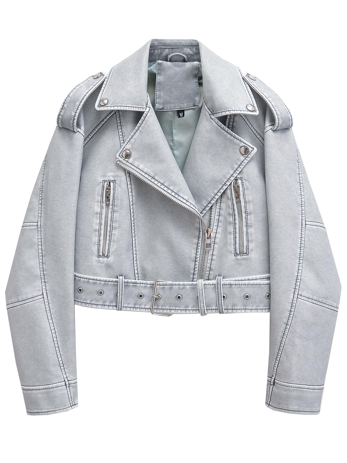 LY VAREY LIN Women Faux Leather Cropped Jacket Casual Bomber Biker Short Coat with Belt(Blue,S)