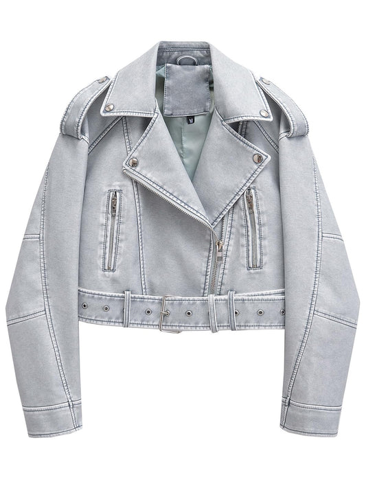 LY VAREY LIN Women Faux Leather Cropped Jacket Casual Bomber Biker Short Coat with Belt(Blue,S)