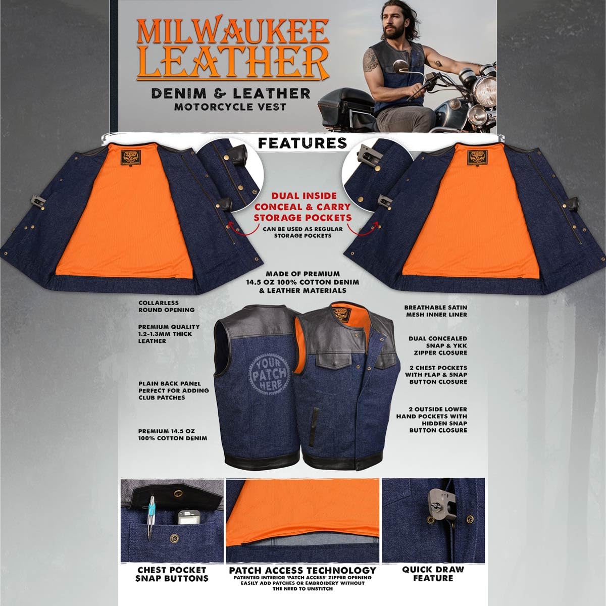 Milwaukee Leather MDM3004 Men's Brute Dual Closure Blue Denim and Black Leather Club Style Vest - XXX-Large