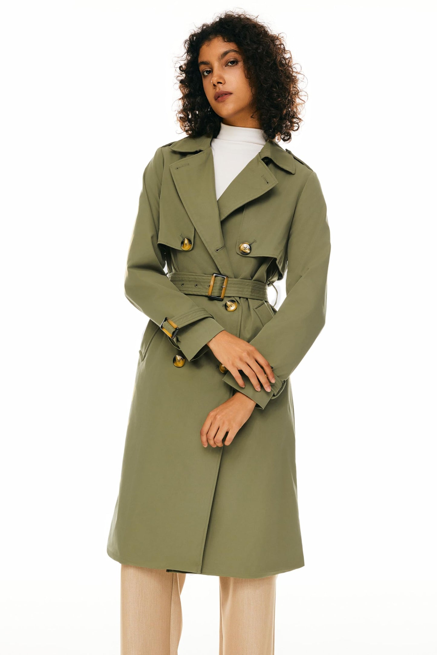 Orolay Women's 3/4 Length Double Breasted Trench Coat Lapel Jacket with Belt Green M