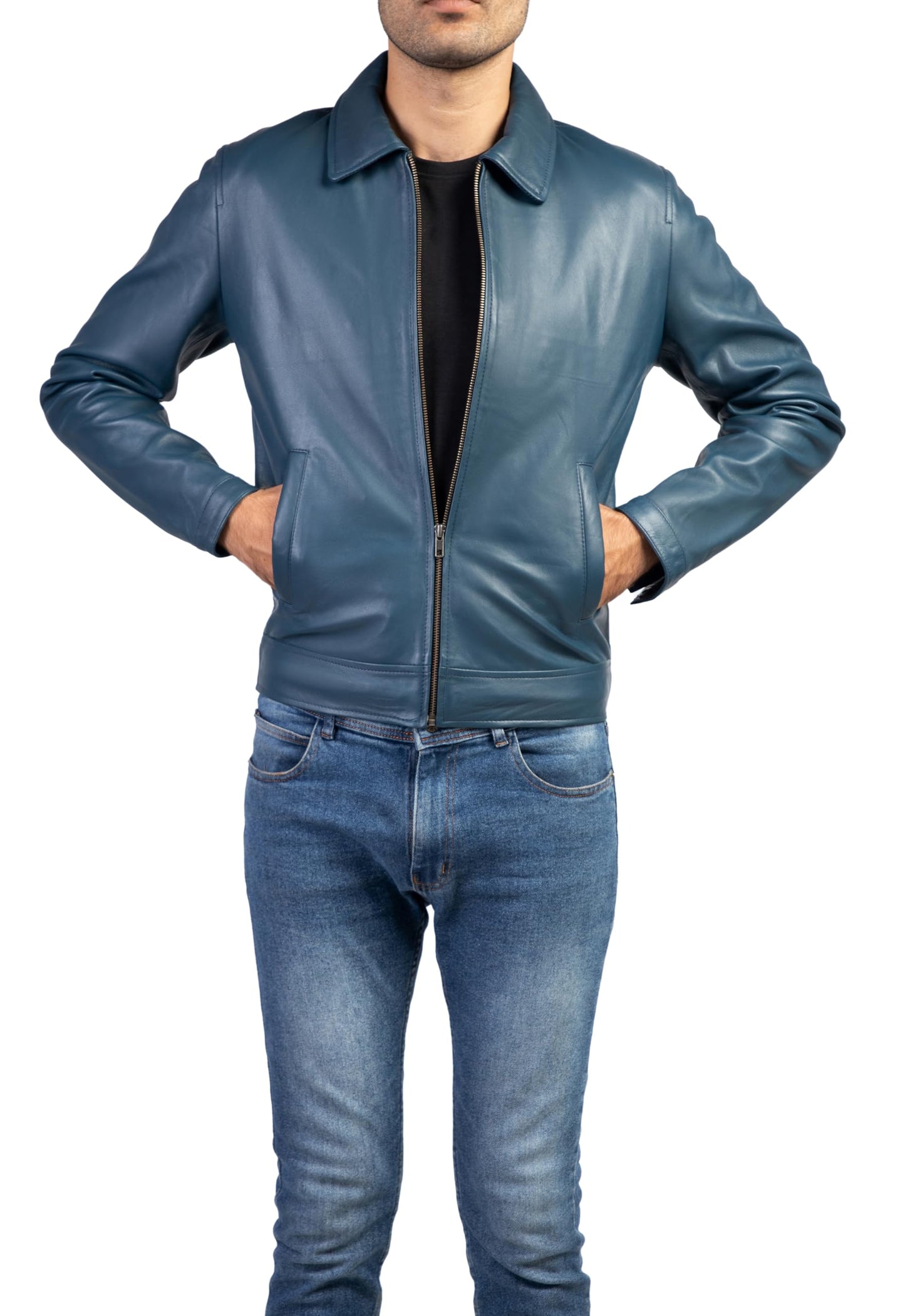Jild Polo Collar Premium Leather Jacket Men - Old School Classic Style Everyday Wear Real Lambskin Mens Leather Jacket (Polo-Blue-3XL)