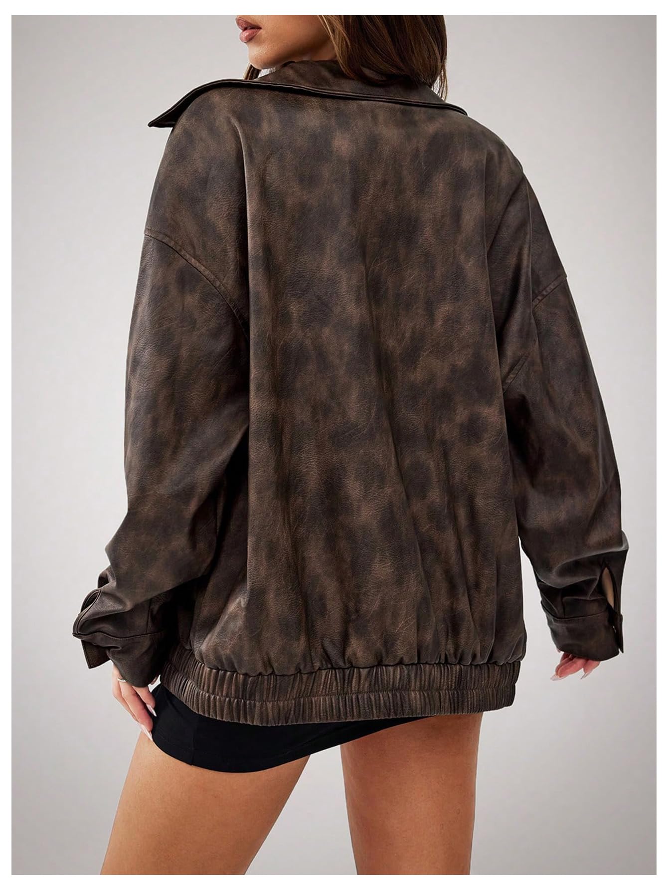 BEAUDRM Women's PU Leather Jackets Vintage Zip Up Collared Long Sleeve Motorcycle Jacket Coats Coffee Brown Medium