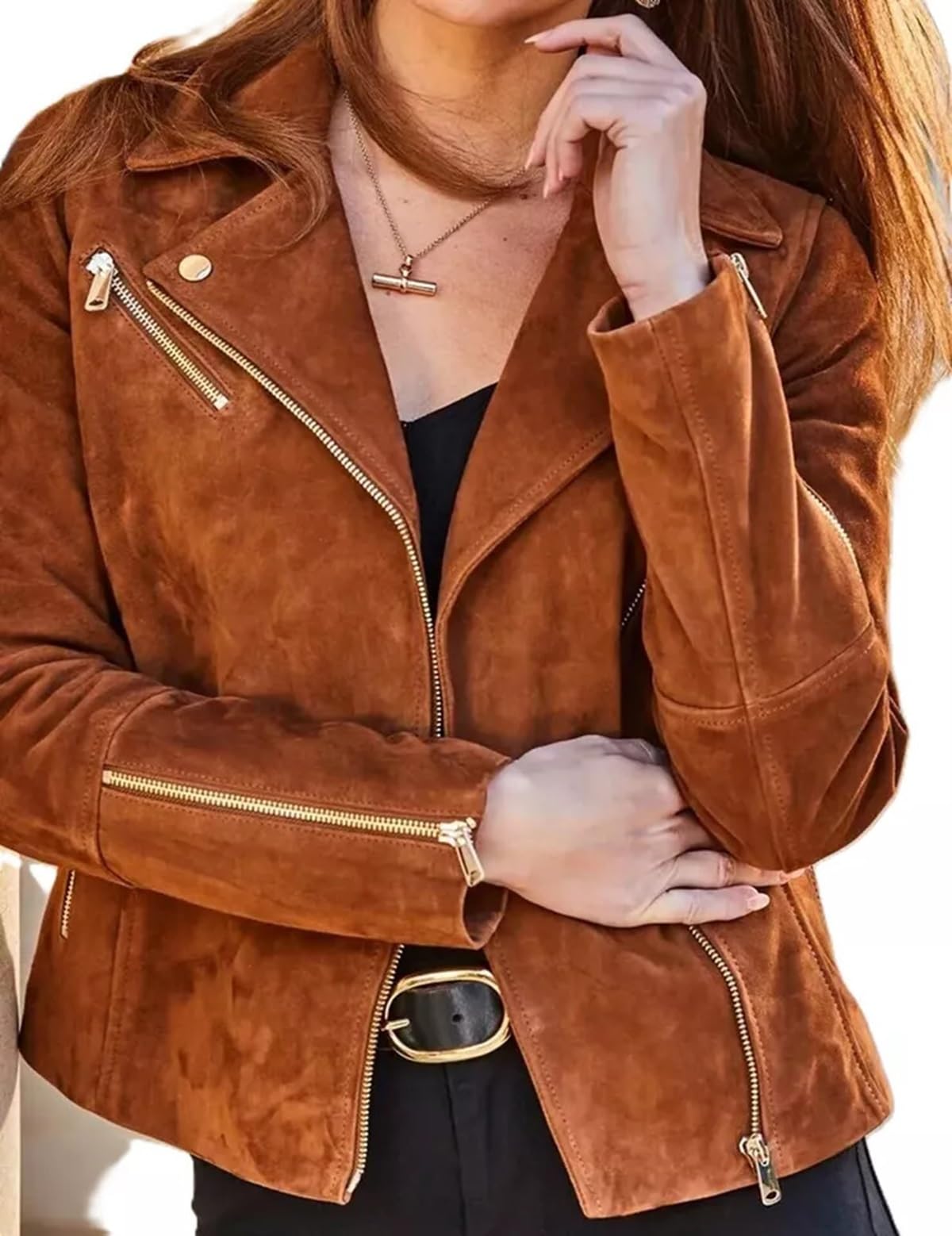 KOLAR CLUB Womens suede Leather Jacket - Lambskin Cafe Racer Style Black - Brown suede Leather Jacket For Women (US, Alpha, X-Large, Regular, Regular, Brown - Suede Leather)