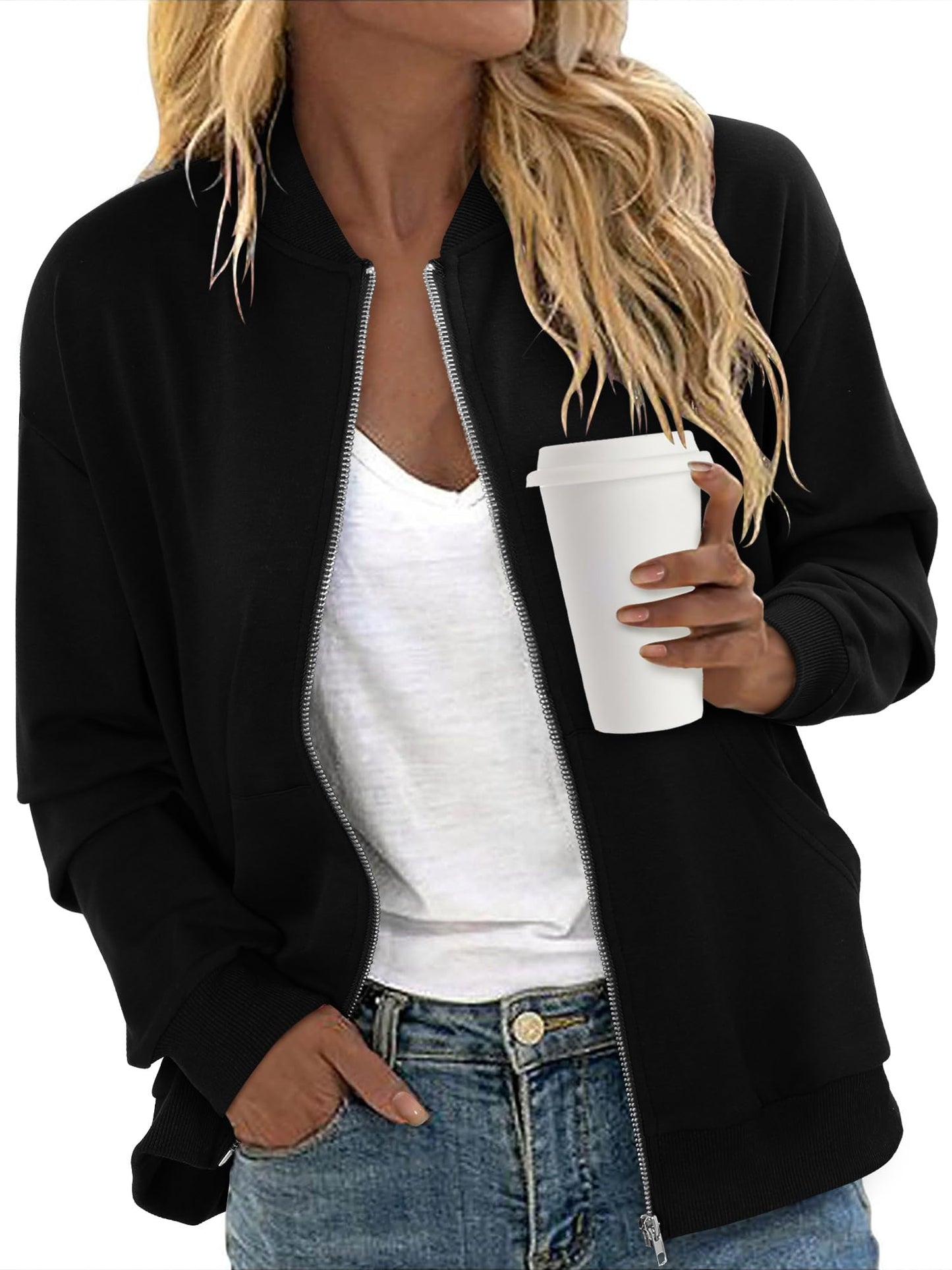 CRAZY GRID Women's Bomber Black Jacket Casual Quilted Lined Coat Zip Up Winter Fall Windbreaker Fashion Outerwear with Pockets Black Large