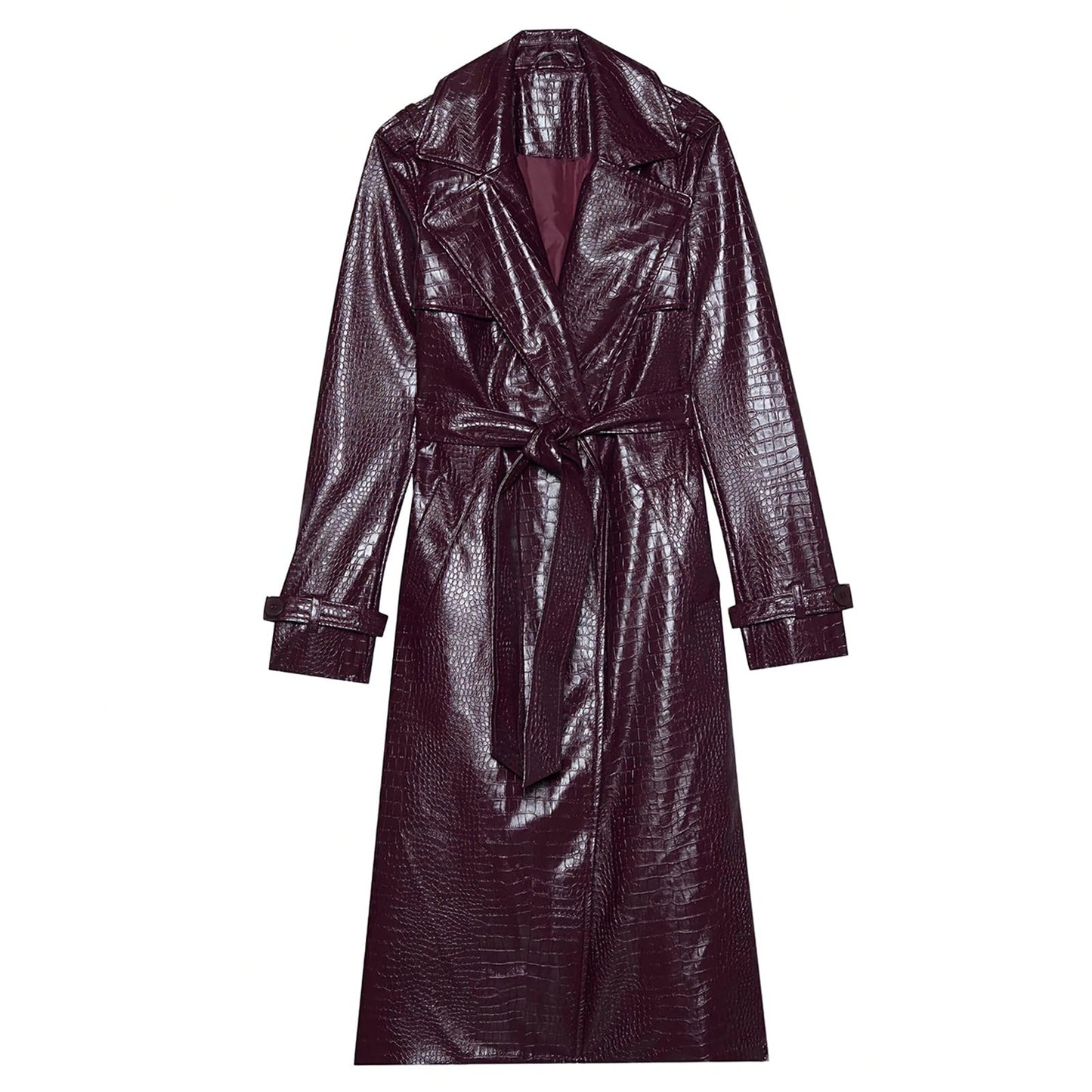 SS-Sunrise Fashion Womens Long Leather Jacket Burgundy Trench Coat Blazer Lapel Button Open Front Faux Motorcycle Jacket Coats with Belt (Medium, Wine Red)