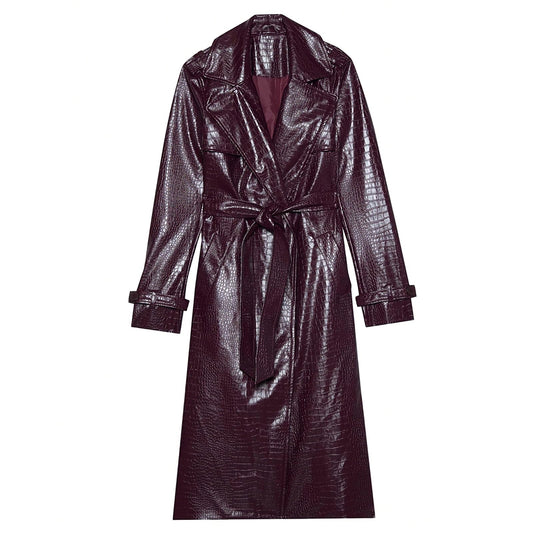 SS-Sunrise Fashion Womens Long Leather Jacket Burgundy Trench Coat Blazer Lapel Button Open Front Faux Motorcycle Jacket Coats with Belt (Medium, Wine Red)