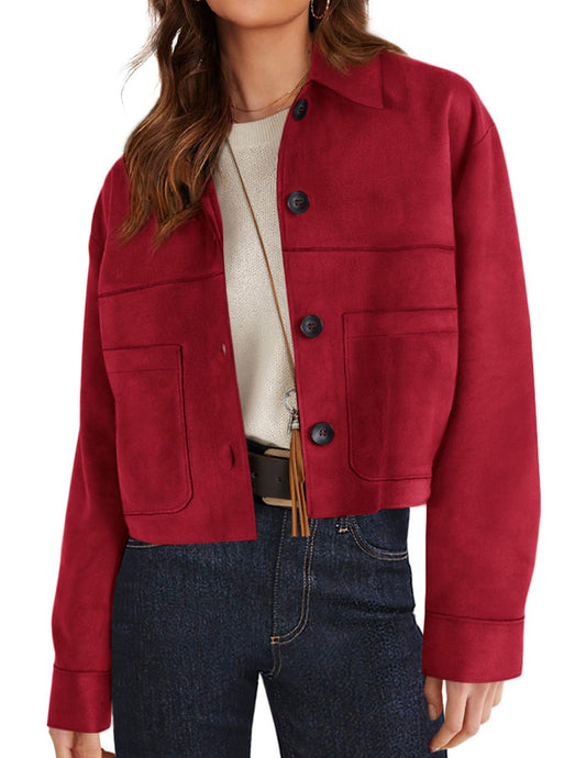 PRETTYGARDEN Women's Faux Suede Cropped Jacket Casual Lightweight Fall Fashion 2026 Winter Coats Outerwear Trendy Clothes (Red,Medium)