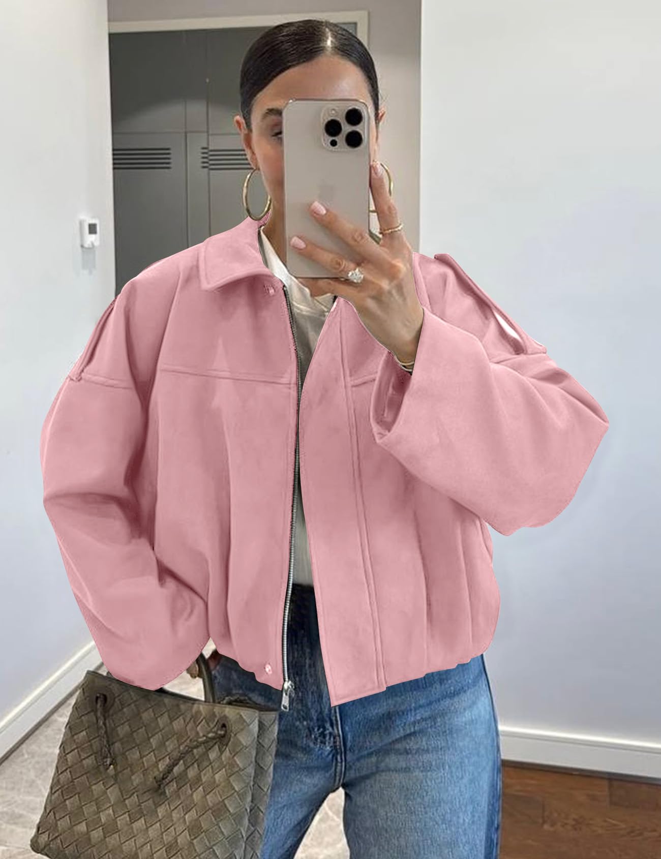 Kissonic Womens Faux Suede Bomber Jacket Oversized Batwing Long Sleeve Zip Up Cropped Coat Streetwear(Pink-L)