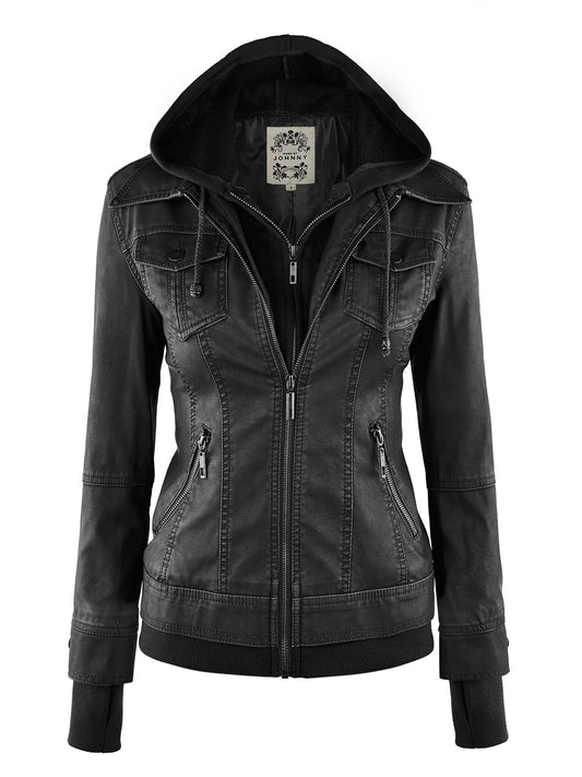 Made By Johnny MBJ WJC664 Womens Faux Leather Jacket with Hoodie L Black