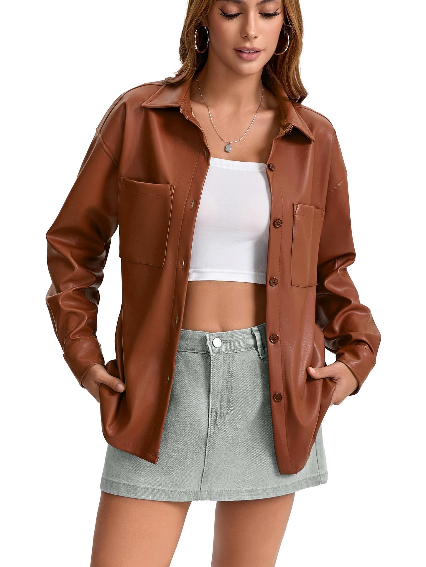 Haianguoji Women's Faux Leather Button-Down Shirt Jacket Lightweight Long Sleeve PU Blouse Shacket Tops (Brown, M)