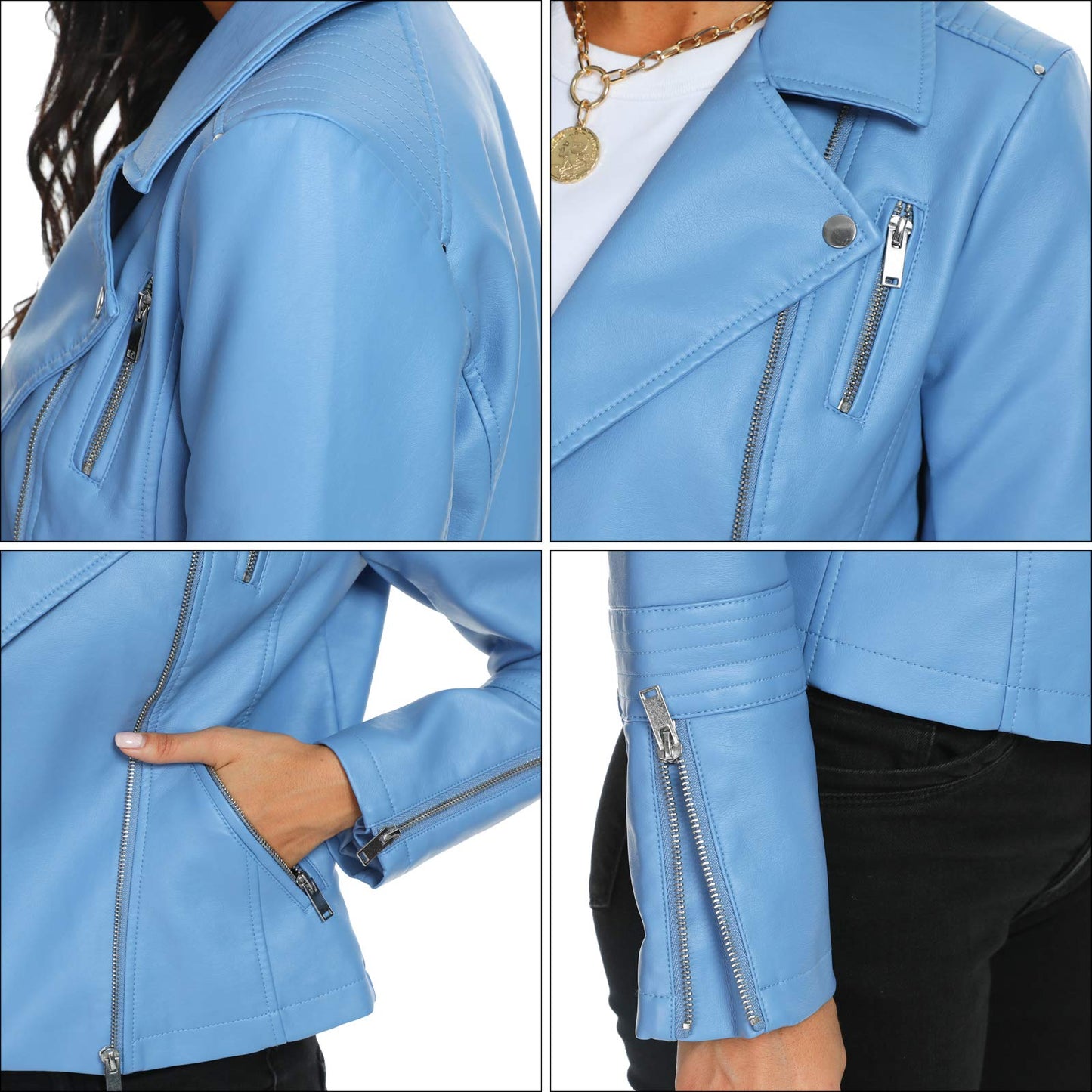 Fahsyee Women's Blue Leather Jackets, Faux Motorcycle Bomber Moto Biker Plus Size Coat Short Lightweight Vegan Pleather Fashion XL