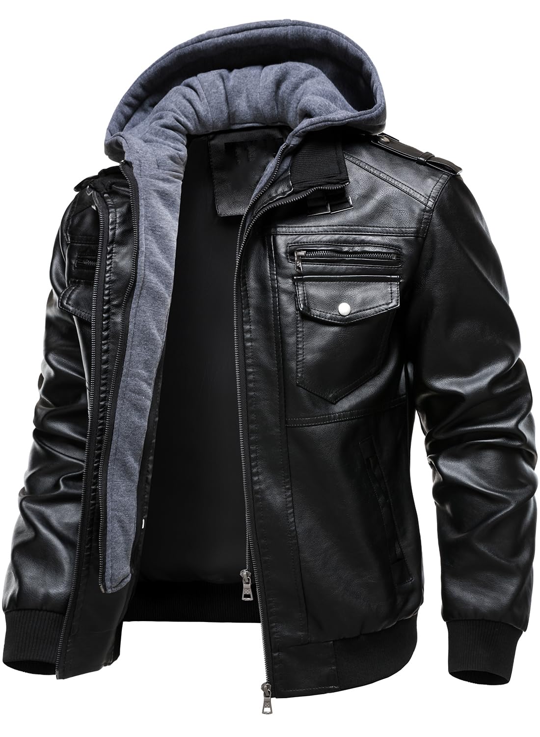 HOOD CREW Men's Faux Leather Hooded Jacket Motorcycle Jackets Water Repellent Windproof PU Moto Vintage Bomber Hoodie Coats Black L