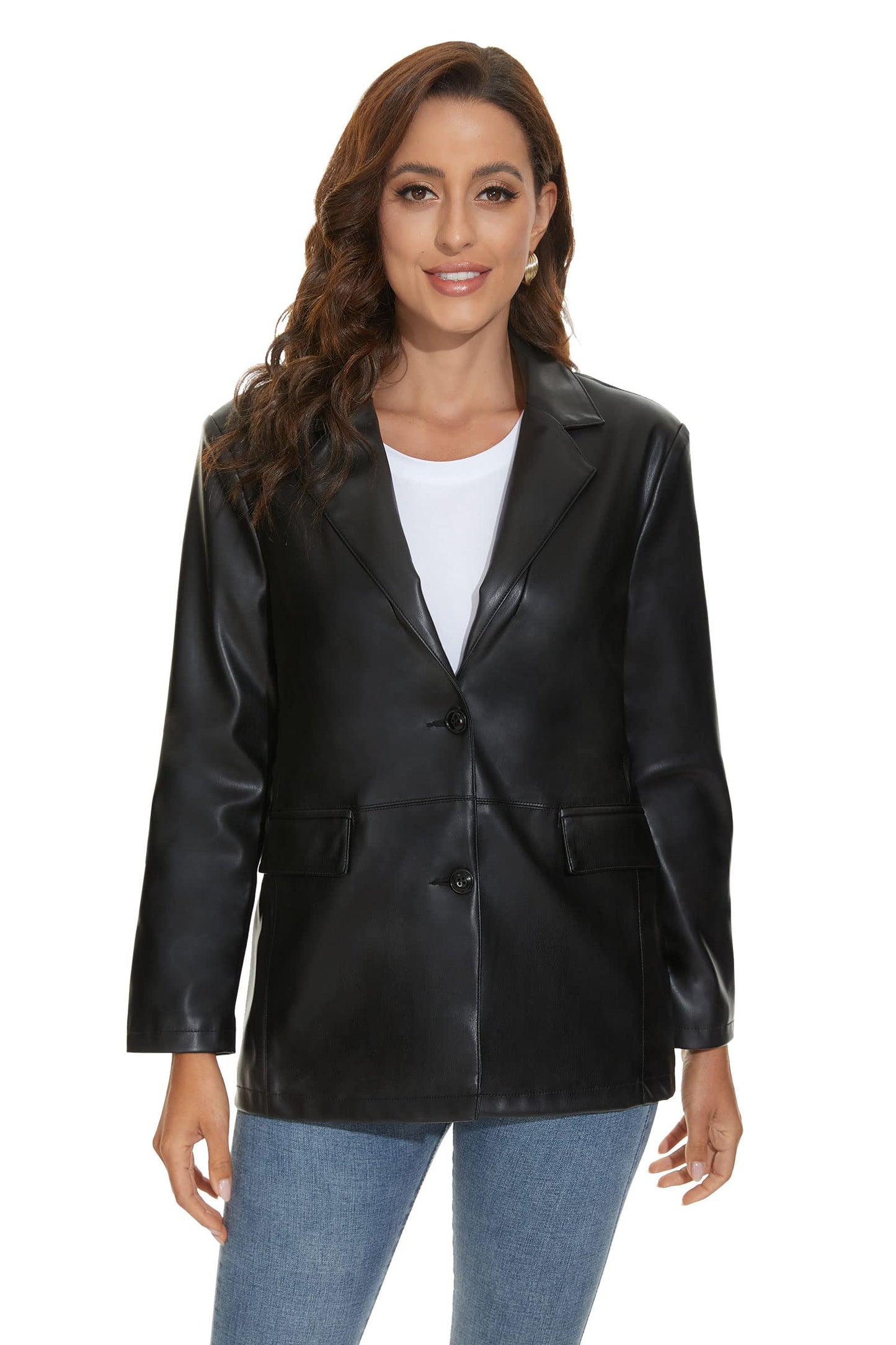 Fahsyee Women's Faux Leather Blazer, Vintage Moto Style Coat, M