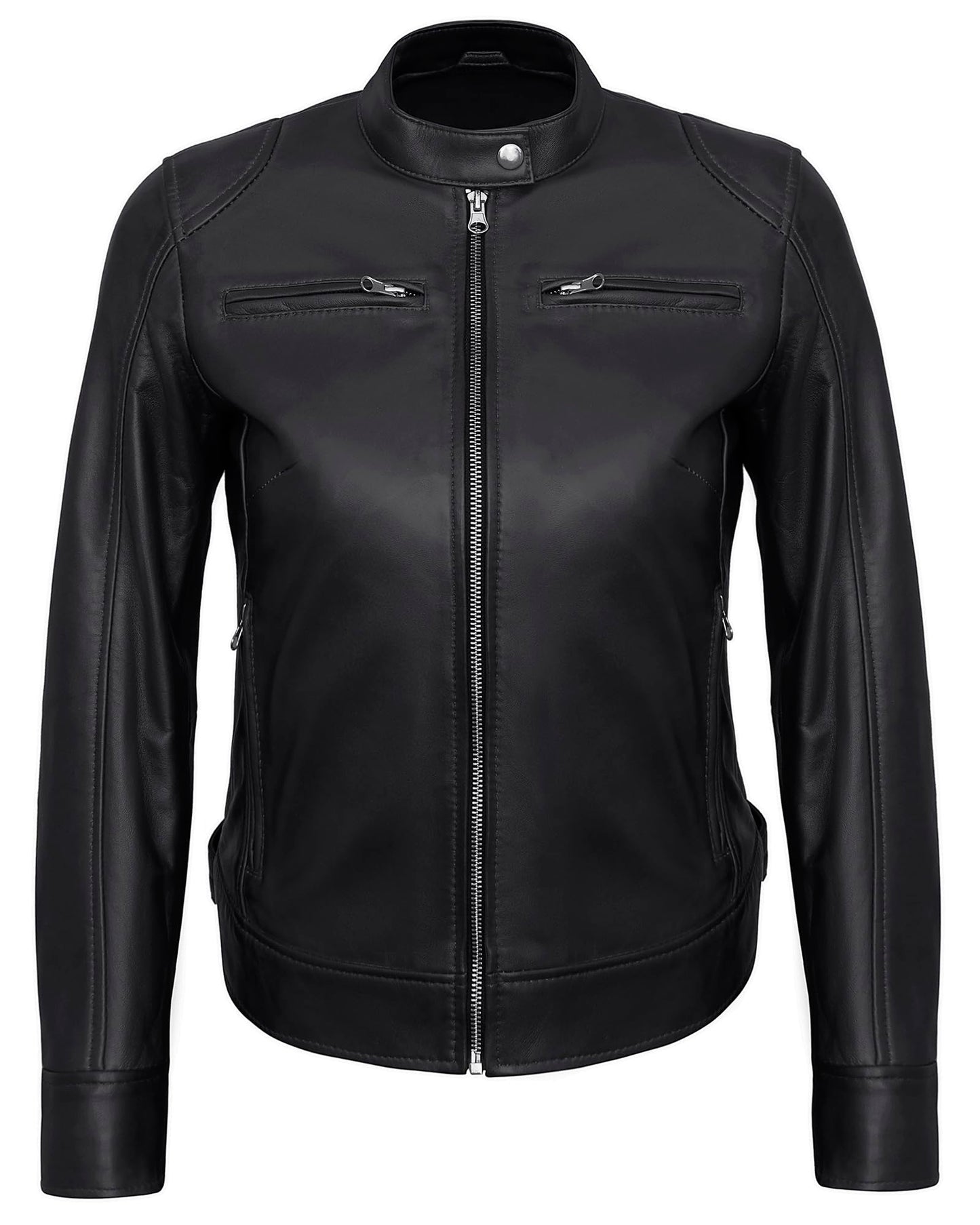 UrbanFocal DISC Womens Motorcycle Leather Jackets - Stylish Real Lambskin Black Leather Jacket Women | [101003104] Black Ddge, L