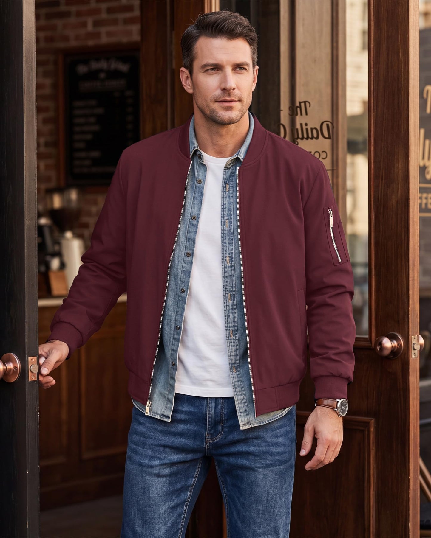 WULFUL Men's Lightweight Bomber Jacket Casual Windbreaker Zip Up Coat Spring Fall Streetwear with Pockets for Travel Work