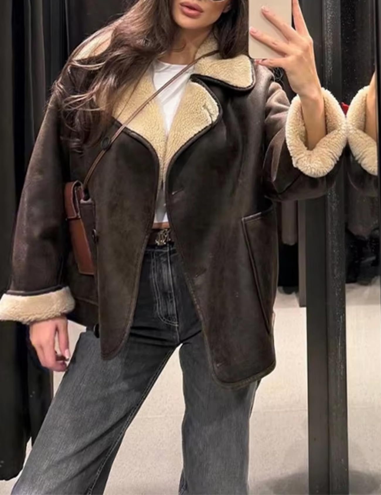 Perbai Women's Lapel Fleece Lined Single Breasted Faux Suede Jacket Oversized Leather Trucker Coat(Brown-S)