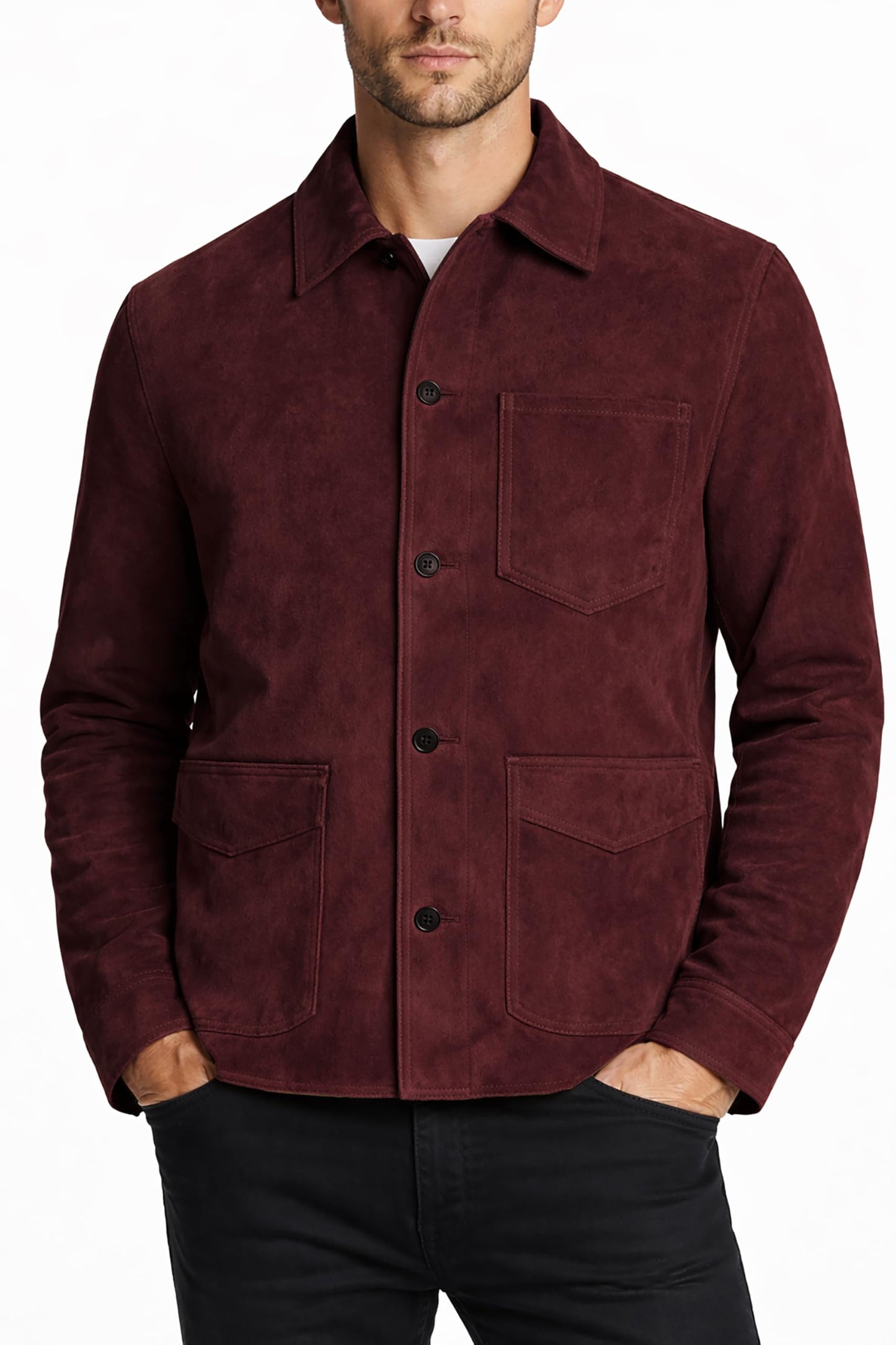 LP-FACON Mens Classic Maroon Suede Leather Jacket Shirt Style - Western Trucker Casual Cowboy Suede Leather Jacket 2XL
