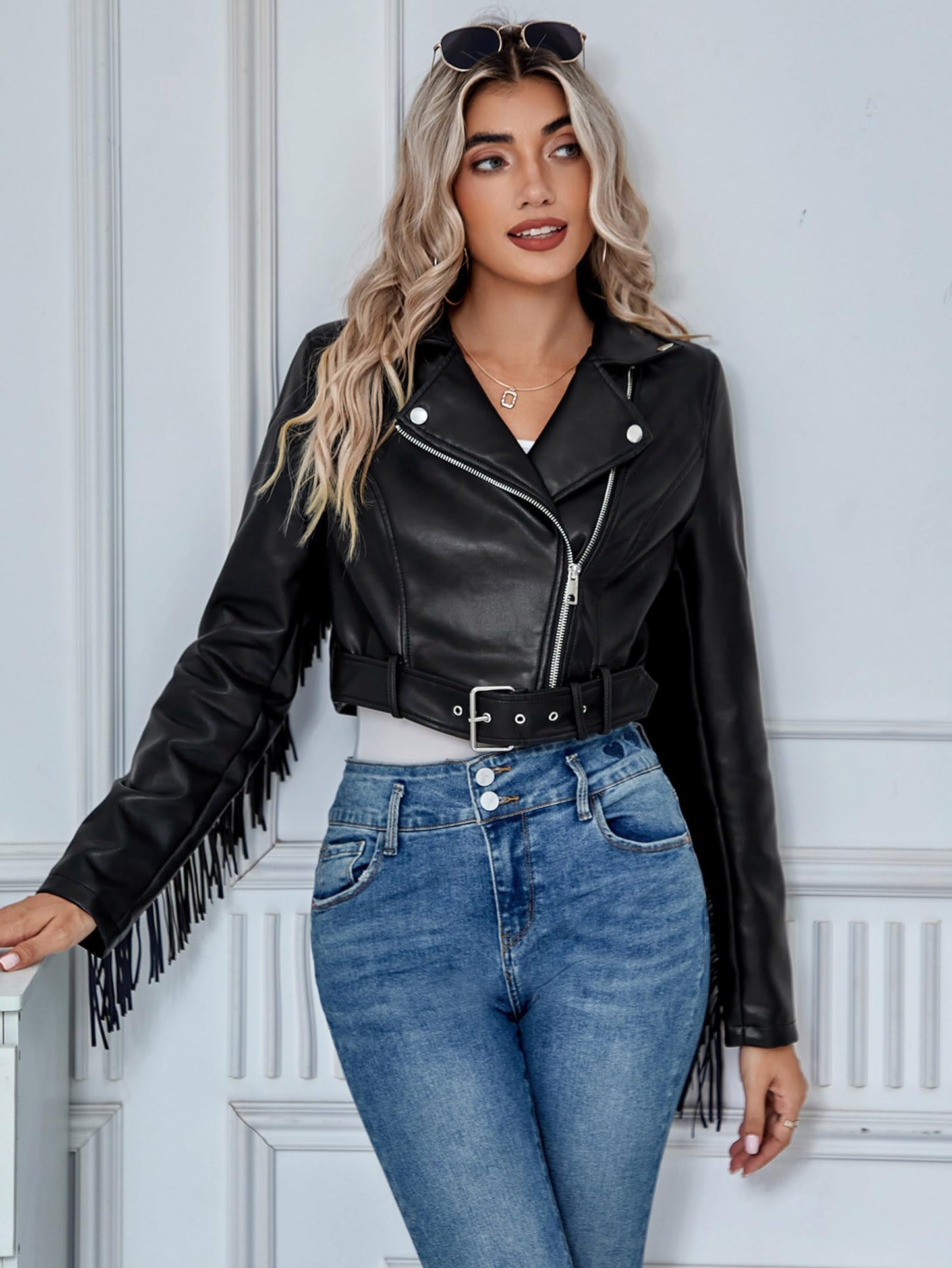 XULIKU Women Faux Leather Jacket, Fall Spring Lapel Short Cropped Vegan Zipper Up Fringe Tassel Trim Pleather Coat with Belt,Pocketless,Black,XL