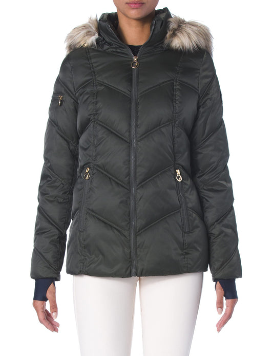 Nautica Women's Stretch Puffer Jacket- Wind & Water-Resistant Winter Coat Faux Fur Lined Hood, Military Green, Medium