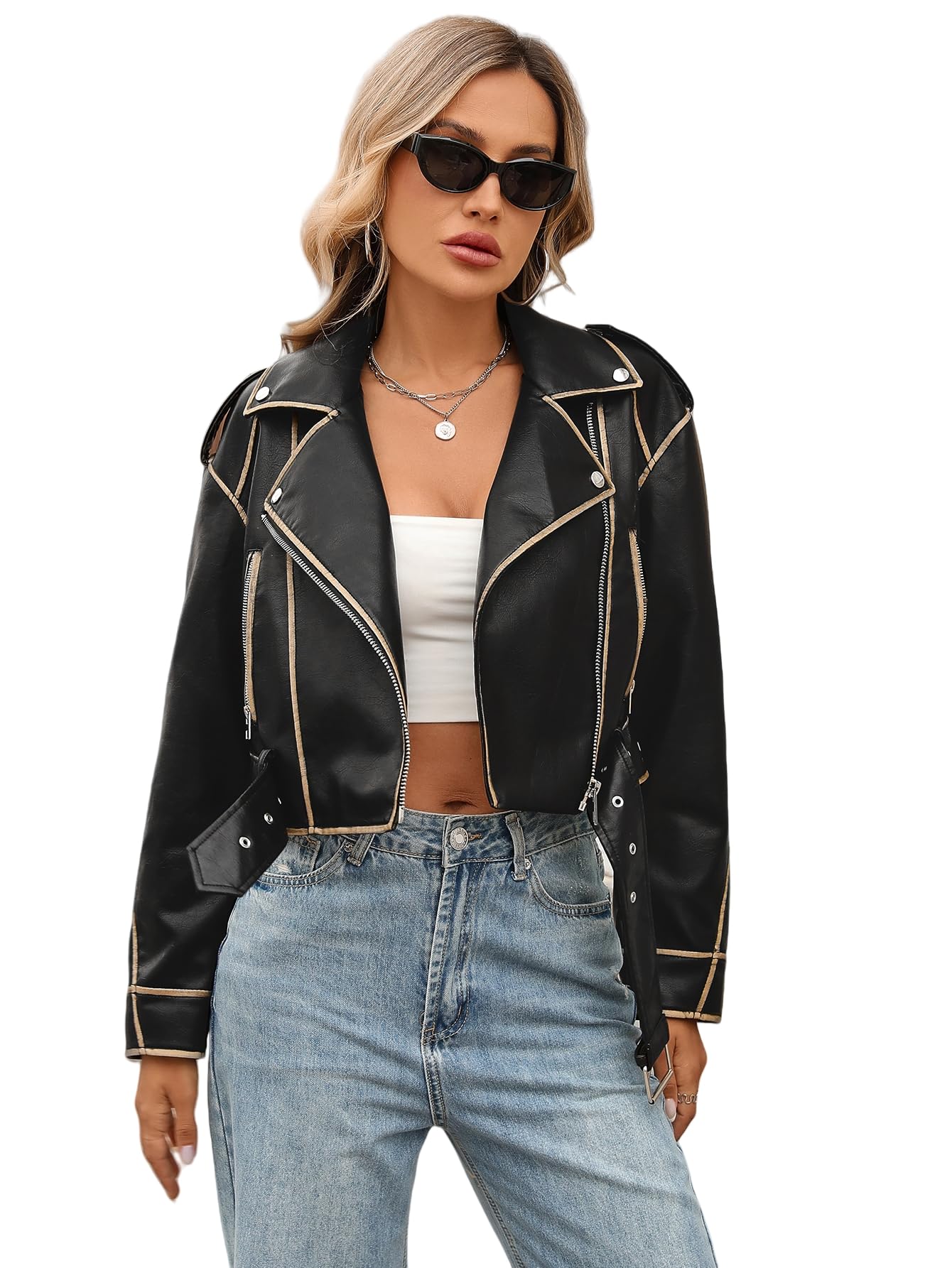 LY VAREY LIN Women Faux Leather Cropped Jacket Lapel Zipper Biker Short Coat with Belt