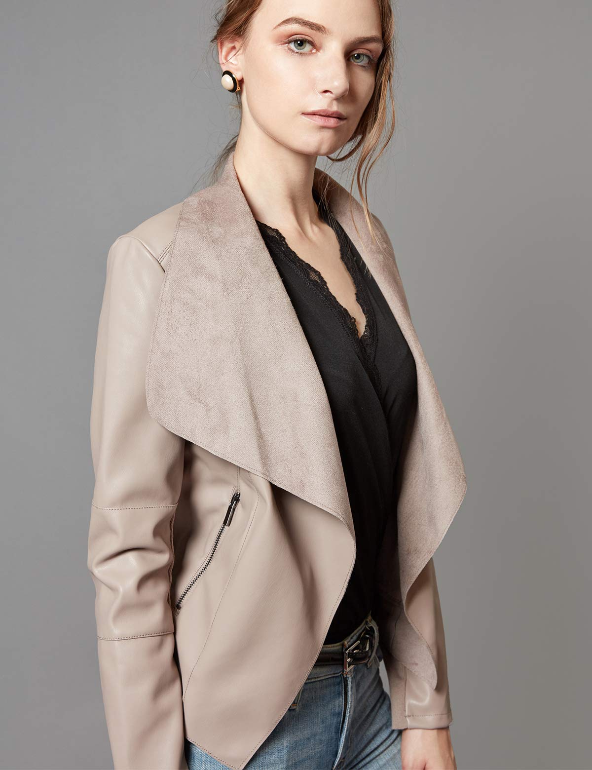 Escalier Women's Faux Leather Jackets Slim Open Front Lapel Blazer Jackets Khaki X-Large