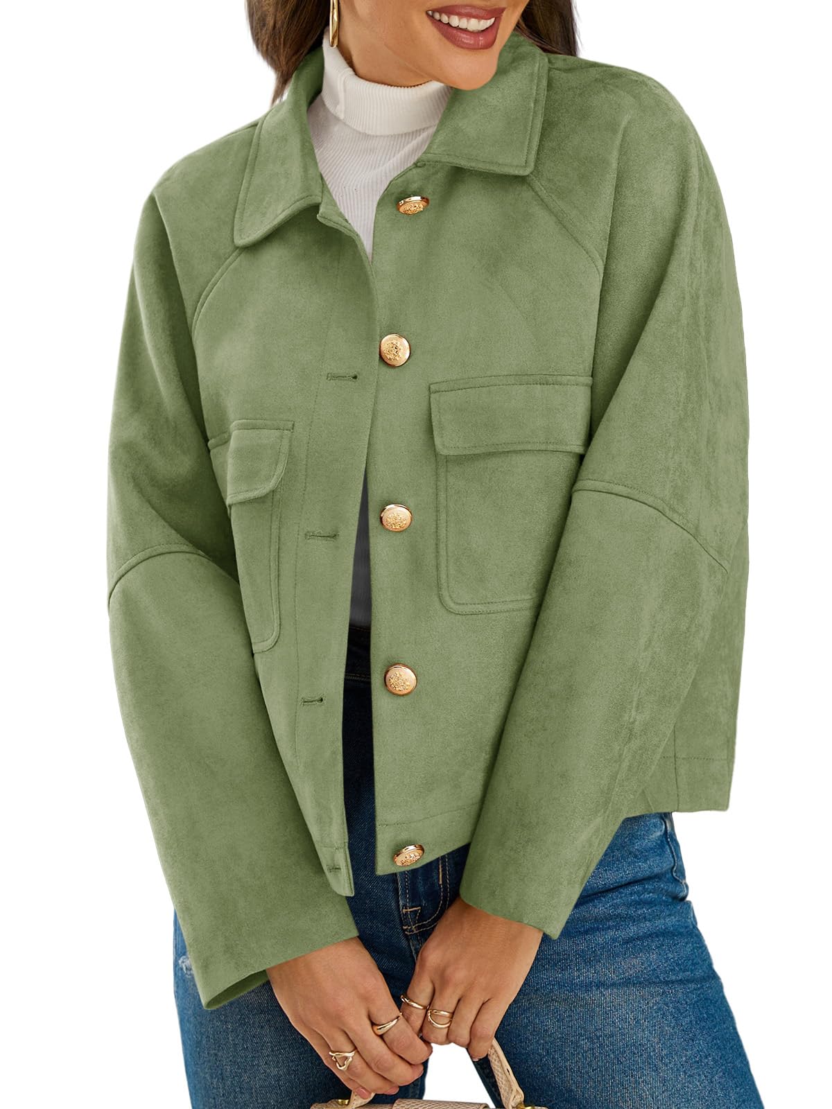 Cicy Bell Womens Faux Suede Leather Jackets Oversized Cropped Casual Lapel Collar Button Down Fall Vintage Shackets