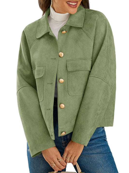 Cicy Bell Womens Faux Suede Leather Jackets Oversized Cropped Casual Lapel Collar Button Down Fall Vintage Shackets