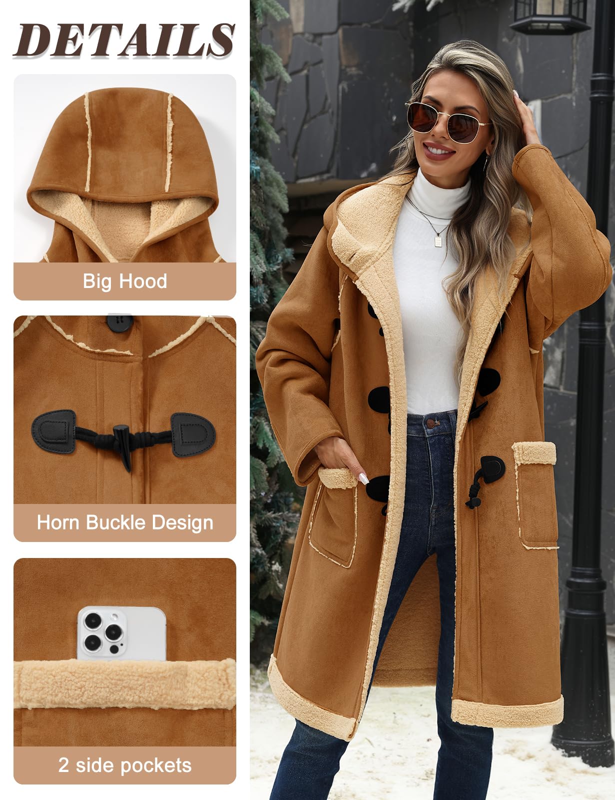UMIPUBO Women Suede Sherpa Fleece Lined Duffle Faux Leather Coat Mid Length Hooded Toggle Jacket with Pockets, Winter Trendy Warm Outerwear(Dark Khaki,M)