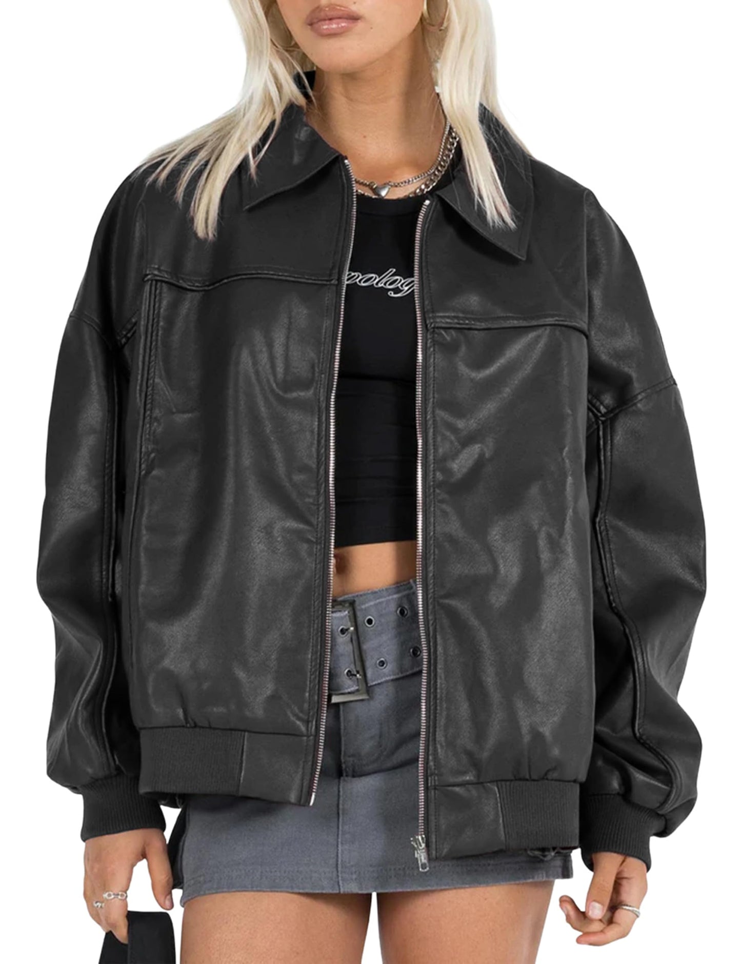 EsheSy Women's Oversized Leather Jacket Faux Suede Boyfriend Motorcycle Full Zip Bomber Jacket(Black-L)