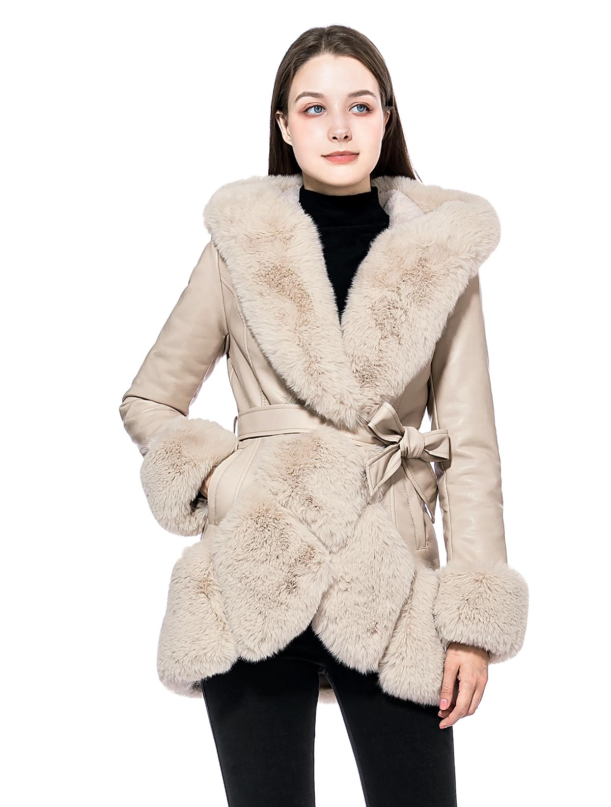 GRAN ORIENTE Women's Faux Leather Coat with Faux Fur Collar,Winter Warm Belted Mid Length Trim Jacket Fur Lined with Hood (002 Apricot S)