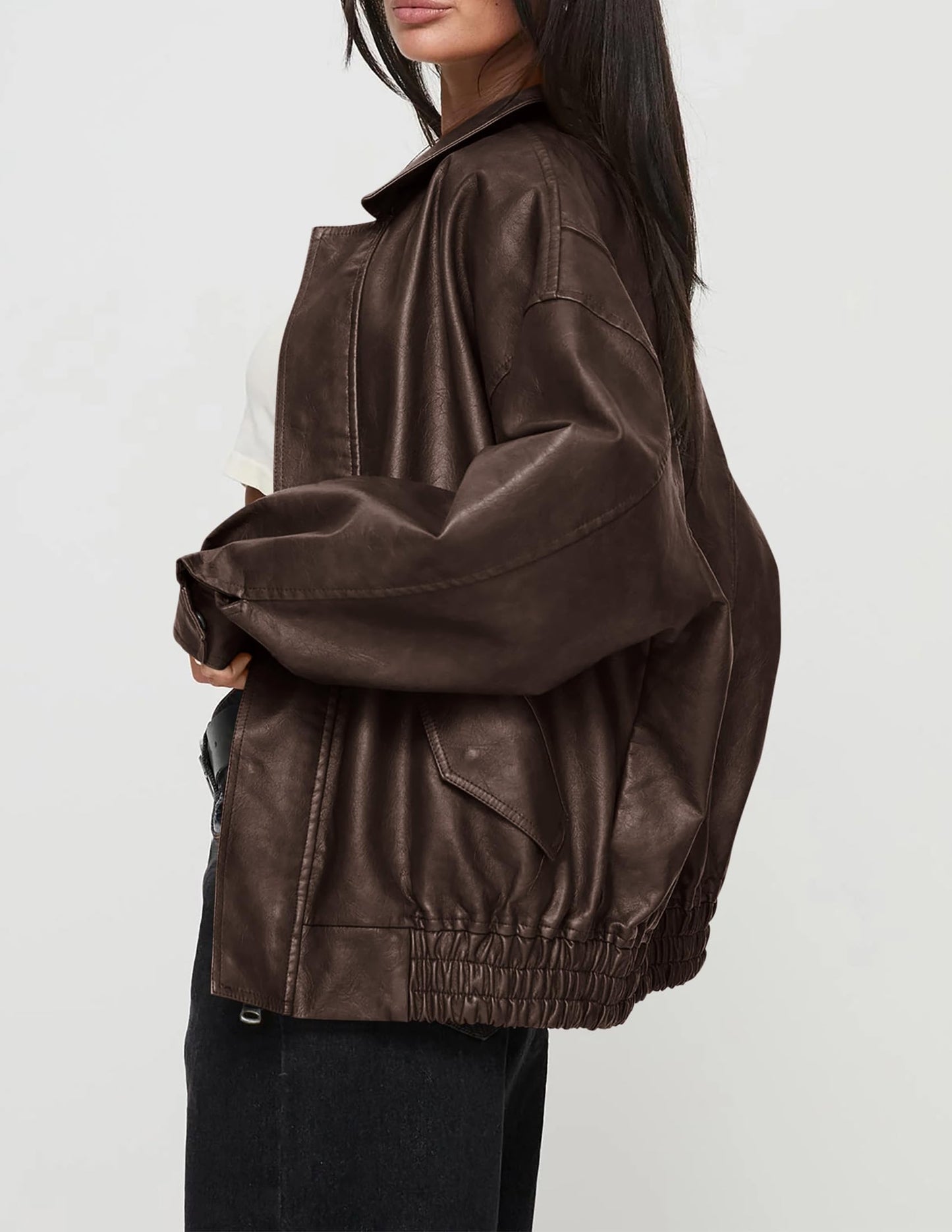 PRETTYGARDEN Women's Faux Leather Motorcycle Jacket Trendy Fall Spring Clothes Oversized Zip Up Winter Coat Outerwear (Dark Coffee,Large)