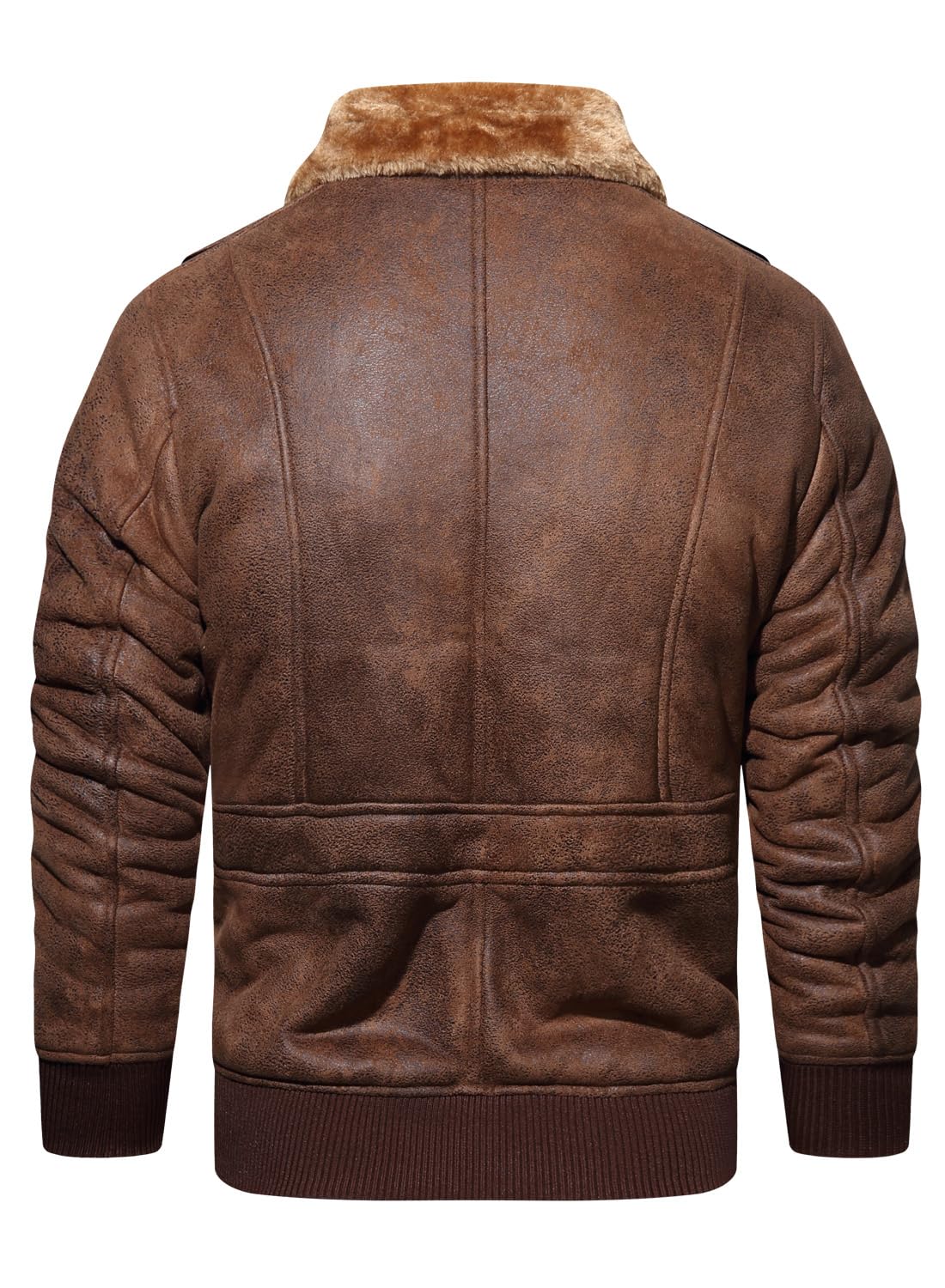 HOOD CREW Men’s Faux Fur Leather Jacket Autumn Winter Fleece Lined Coat Vintage Bomber Jacket Brown 2XL