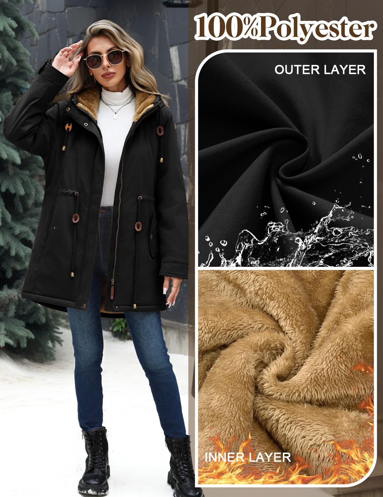 Yusongirl Parka Jacket Women Waterproof Fleece Lined Hooded Warm Winter Coat with Pockets for Daily Commute & Outdoor (Black,Small)