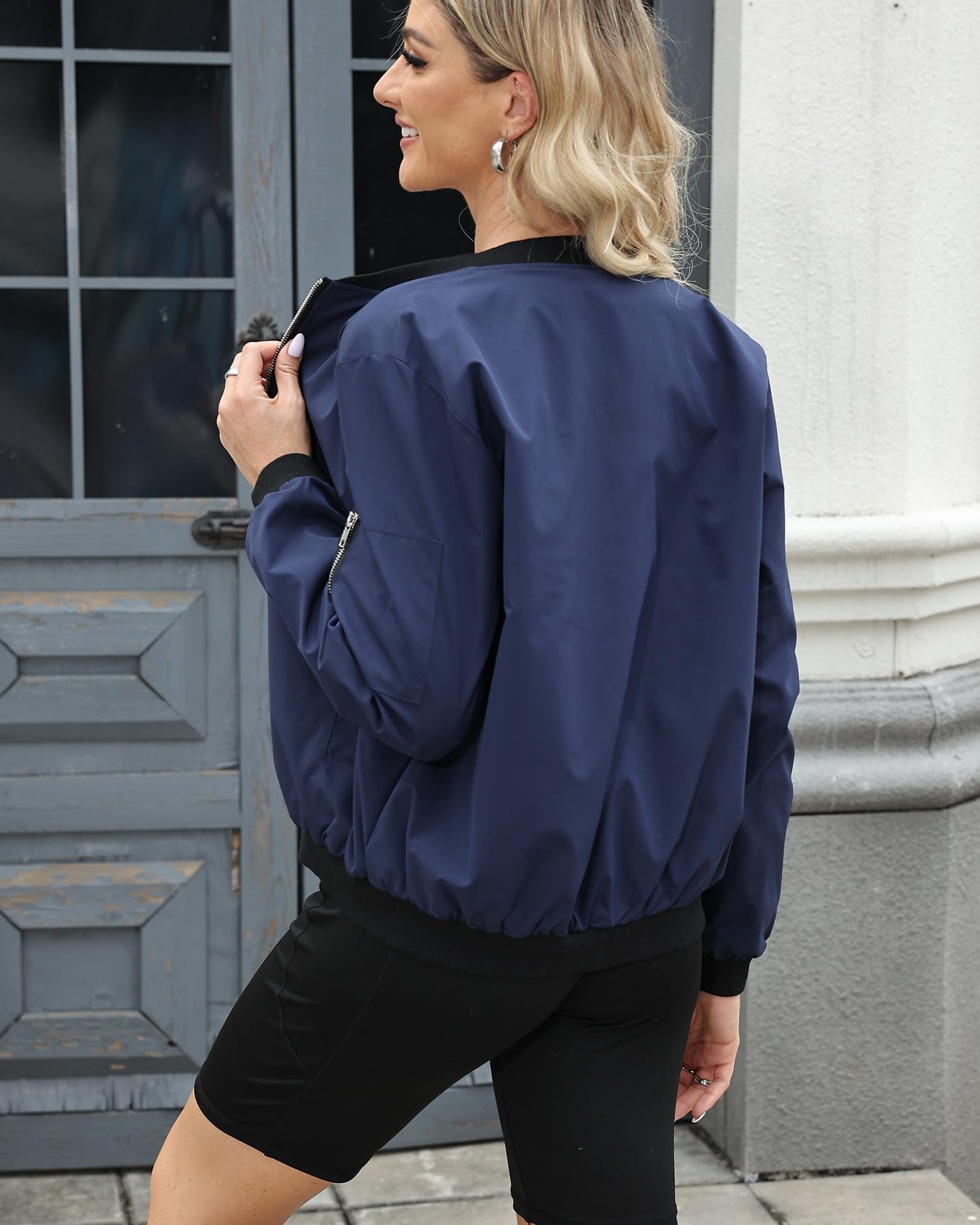 Argstar Women's Bomber Jacket Lightweight Casual Zip Up Outerwear Windbreaker with Pockets Navy Blue L