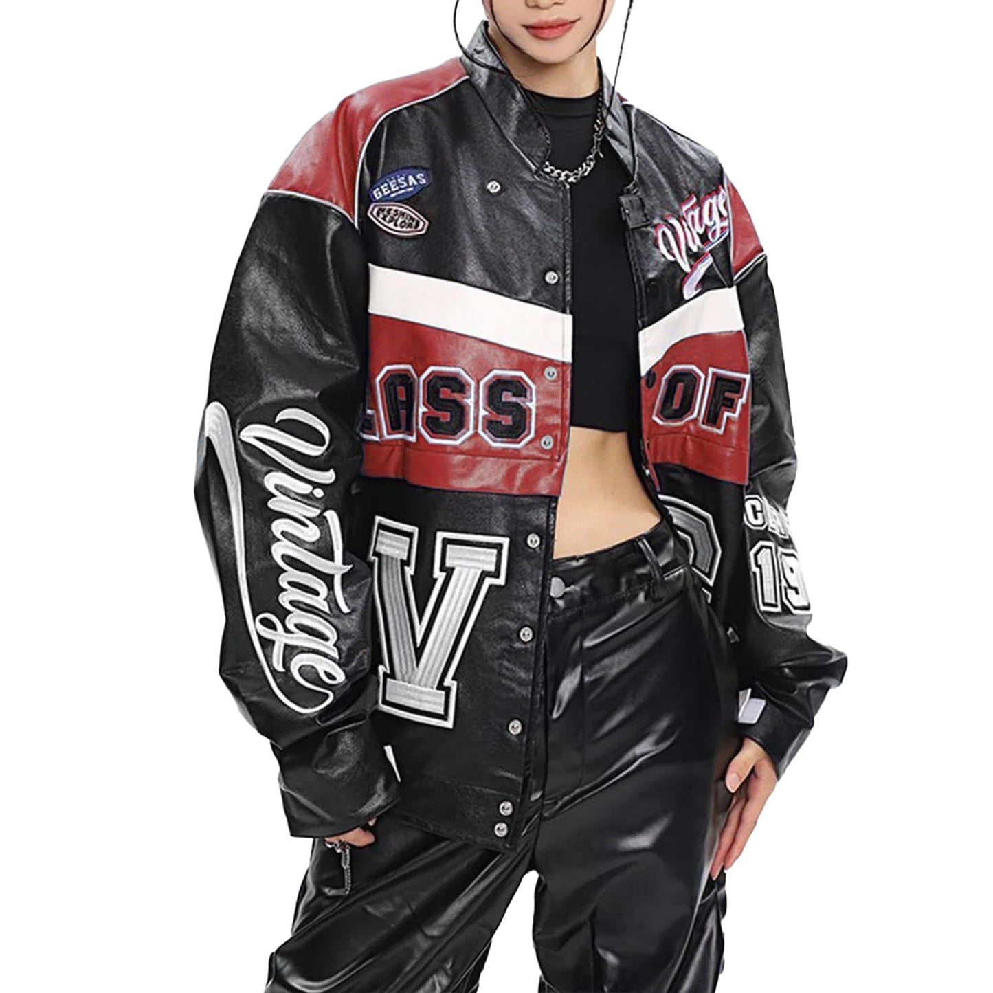 Vamtac Leather Racing Varsity Jackets Oversized Vintage Letterman Racing Bomber Coat Trendy Streetwear Red XS