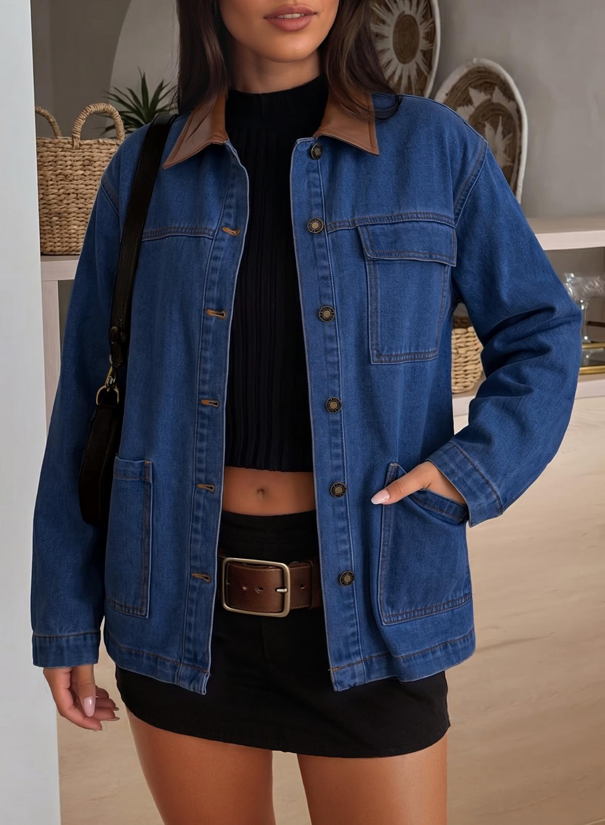 Sidefeel Denim Jacket for Women Long Sleeve Leather Neck Button Down Jean Jacket with Three Big Pockets Bluing Small