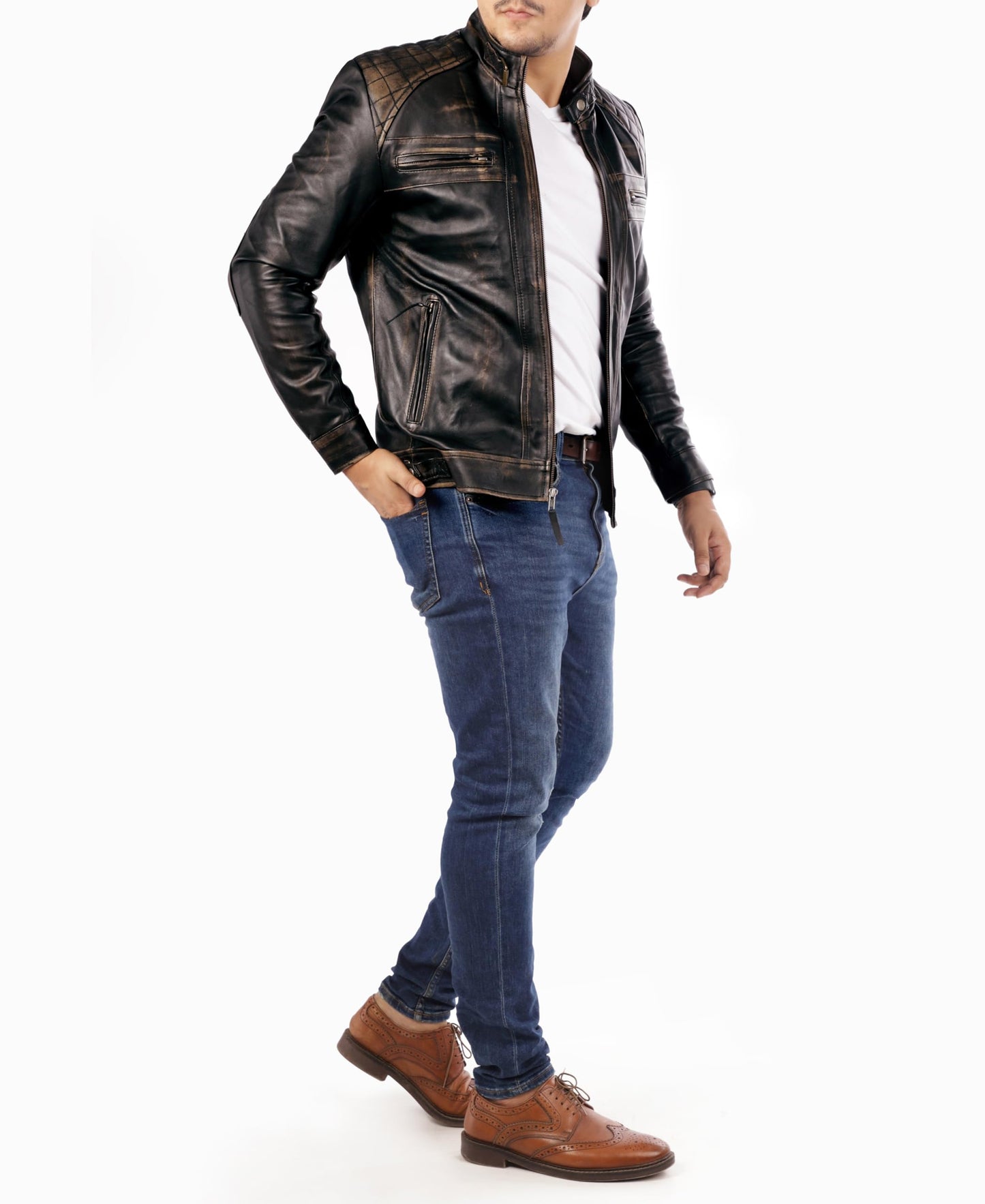 Jild Signature Diamond Style Café Racer Lambskin Leather Jacket Men - Men's Casual Real Leather Quilted Style Motorcycle Jacket (DM-Rub-L)