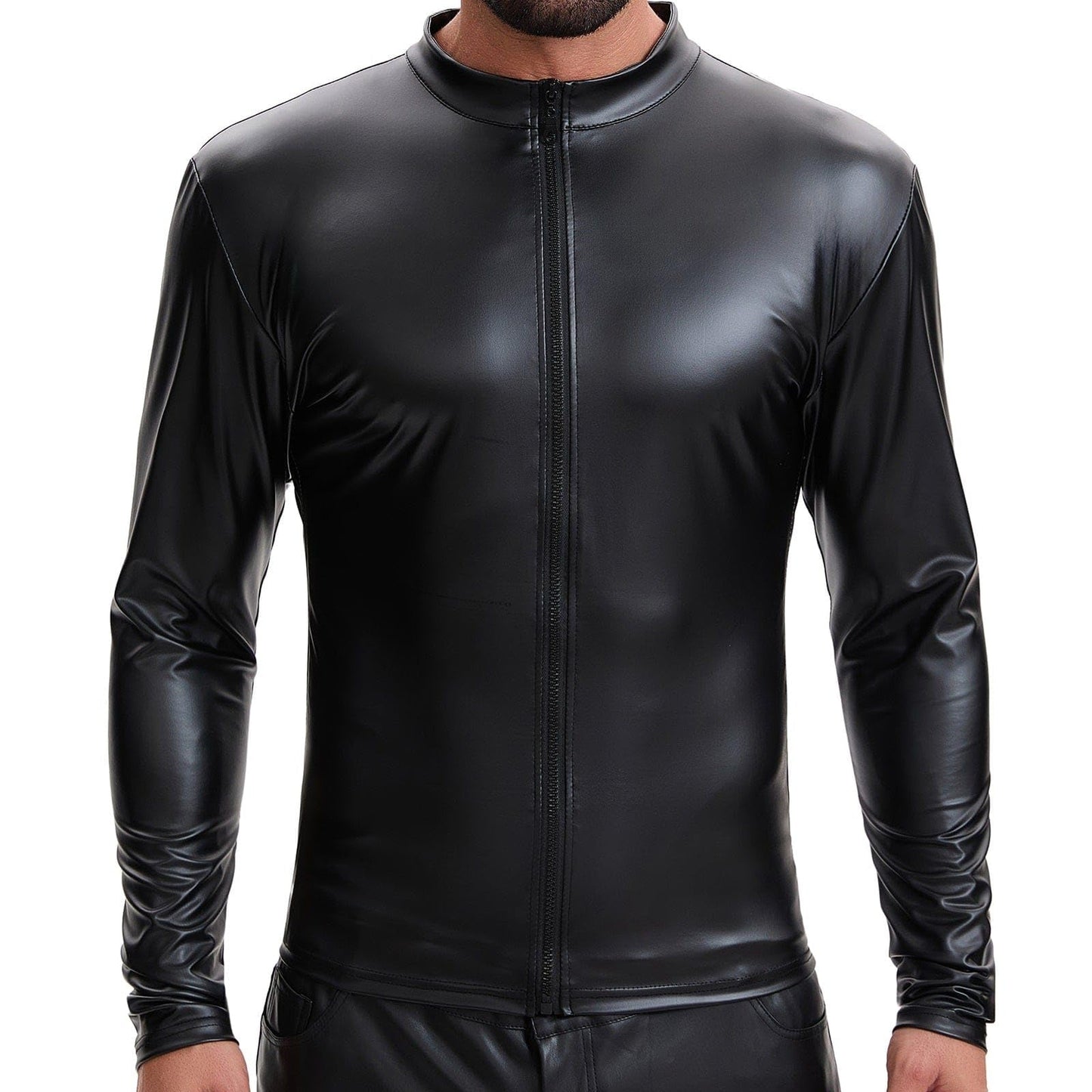 Mens Shiny Soft Leather Stand Collar Jacket Sexy Full Zipper Long Sleeve Shirts Solid Slim Fitted Stretch Tops Black