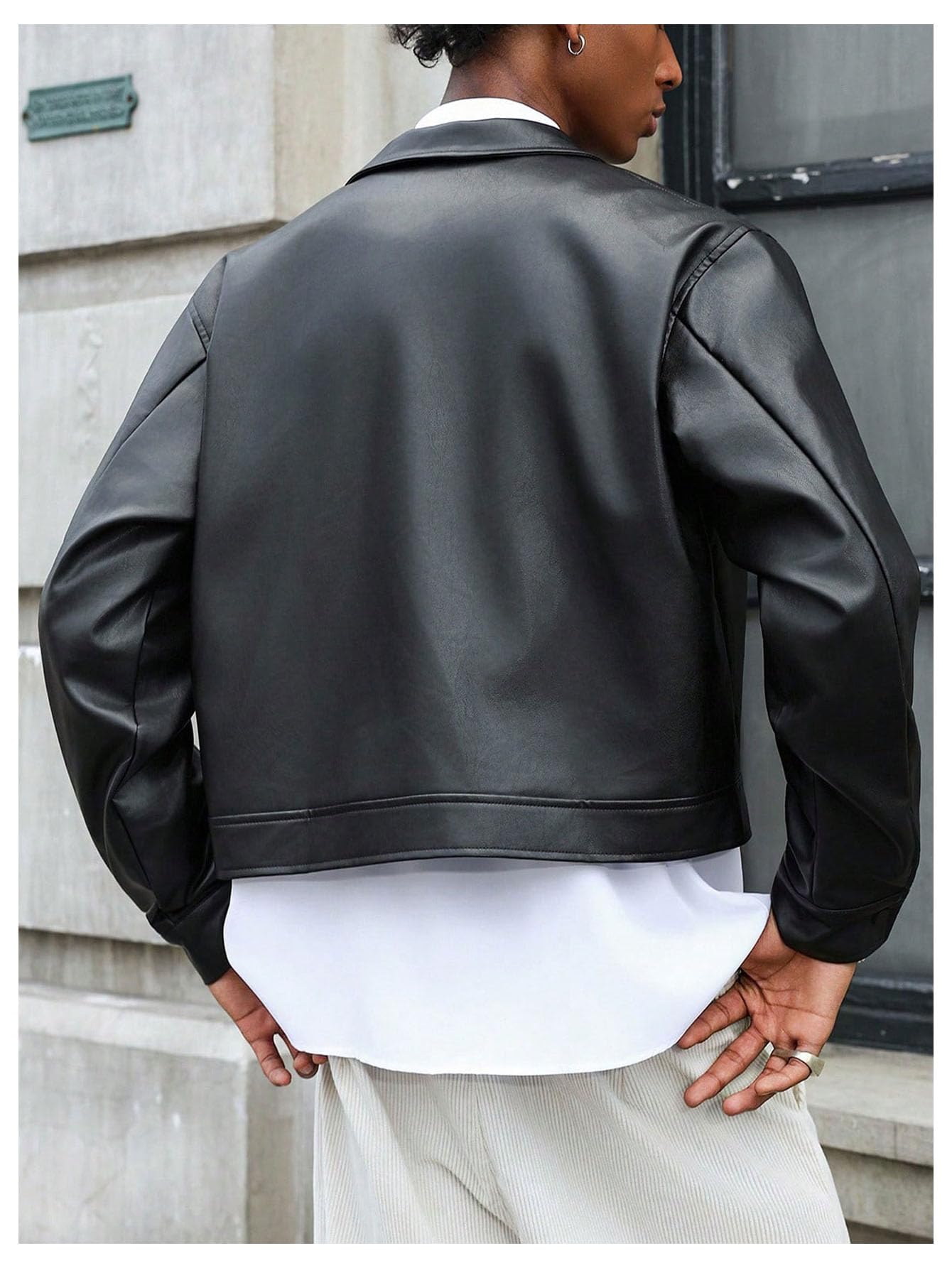 BEAUDRM Men's Faux Leather Jacket Long Sleeve Zip Up Collared Crop Biker Motorcycle Lightweight Coat Outerwear Solid Black Medium