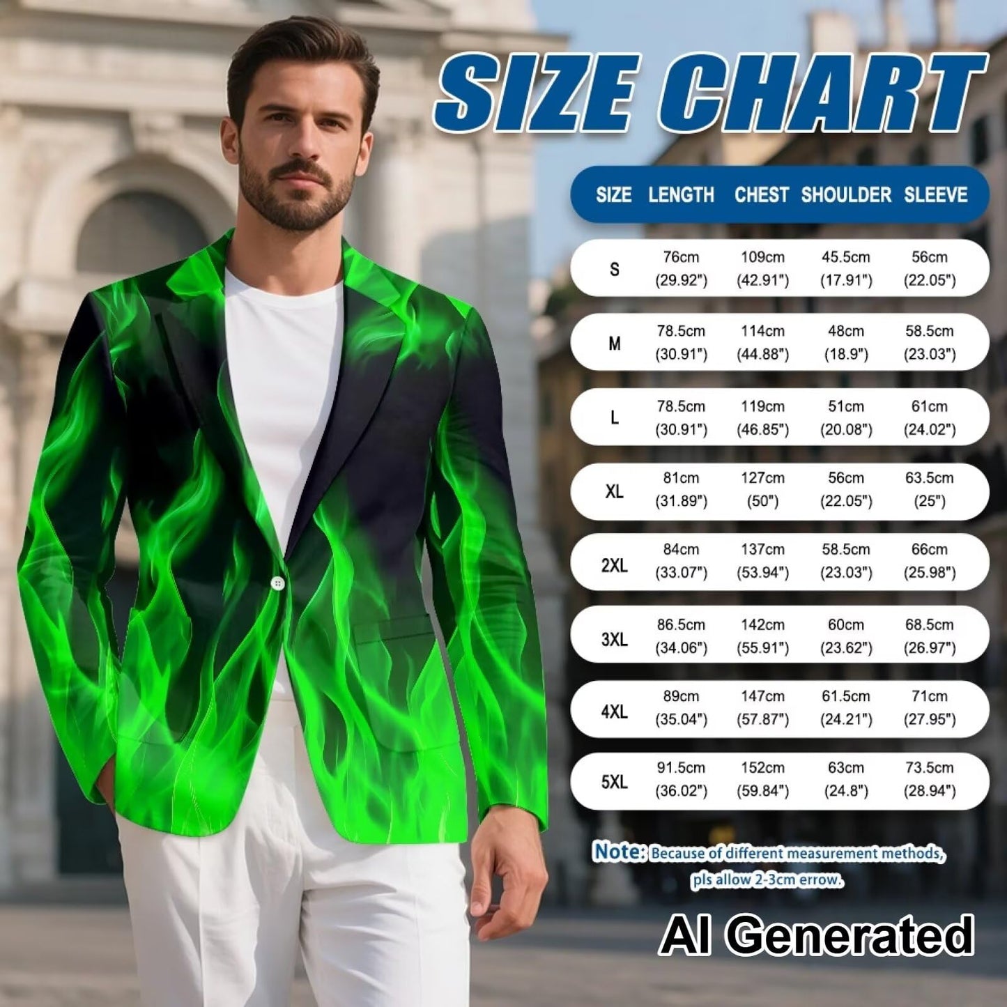 Zarisguat Green Fire Flame Men's Dress Party Suit Jacket Notched Lapel Slim Fit One Button Blazer Sport Coats Size M