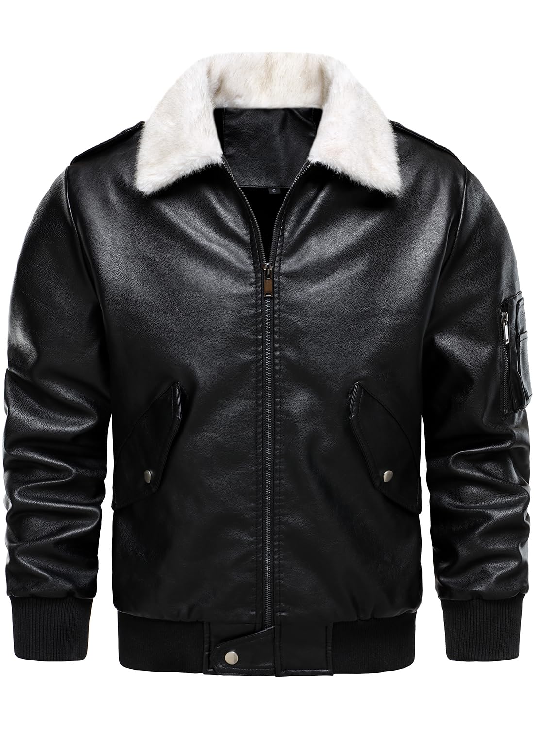 HOOD CREW Men’s Faux Leather Aviator Bomber Jacket with Fur Collar Warm Fleece Lined Biker Jackets Vintage Winter Coats Black L
