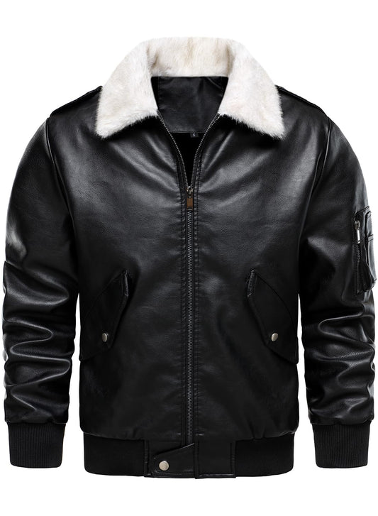 HOOD CREW Men’s Faux Leather Aviator Bomber Jacket with Fur Collar Warm Fleece Lined Biker Jackets Vintage Winter Coats Black L