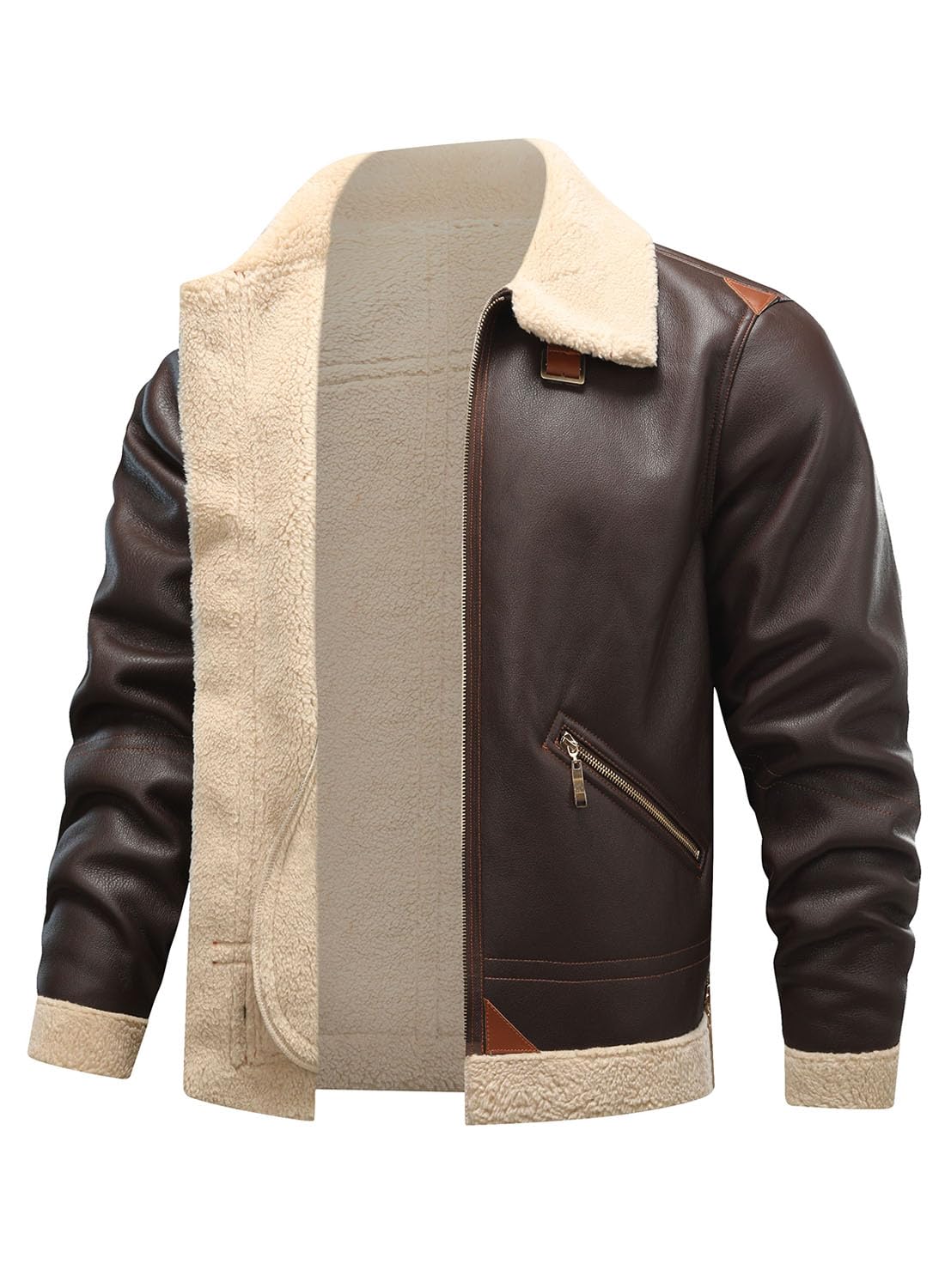 HOOD CREW Men’s Bomber Jacket Winter Coat Stylish Faux Fleece Lined Leather Jackets Coffee L