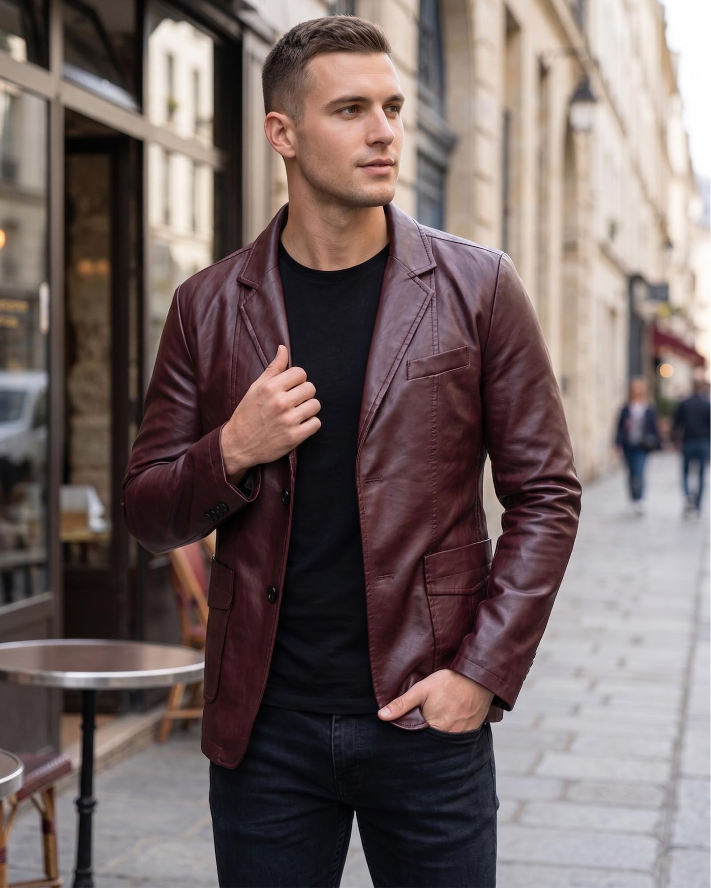 Arkgene Red Leather Jackets Men Faux Leather Blazer Button Closure Blazer L