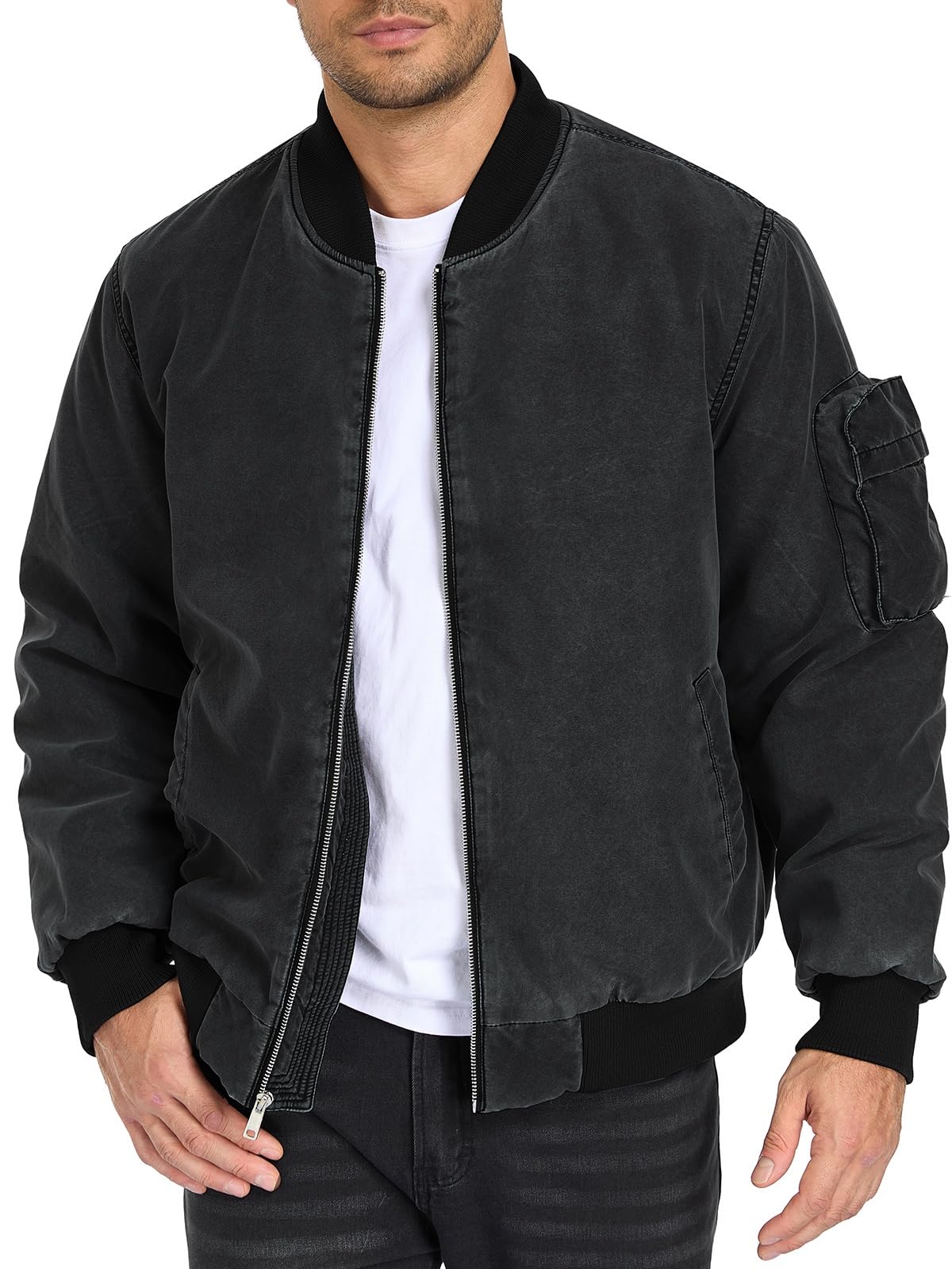 Oymyakon Mens Vintage Bomber Jacket Washed Fall Winter Warm Military Jackets Casual Padded Coats Windbreakers Black M