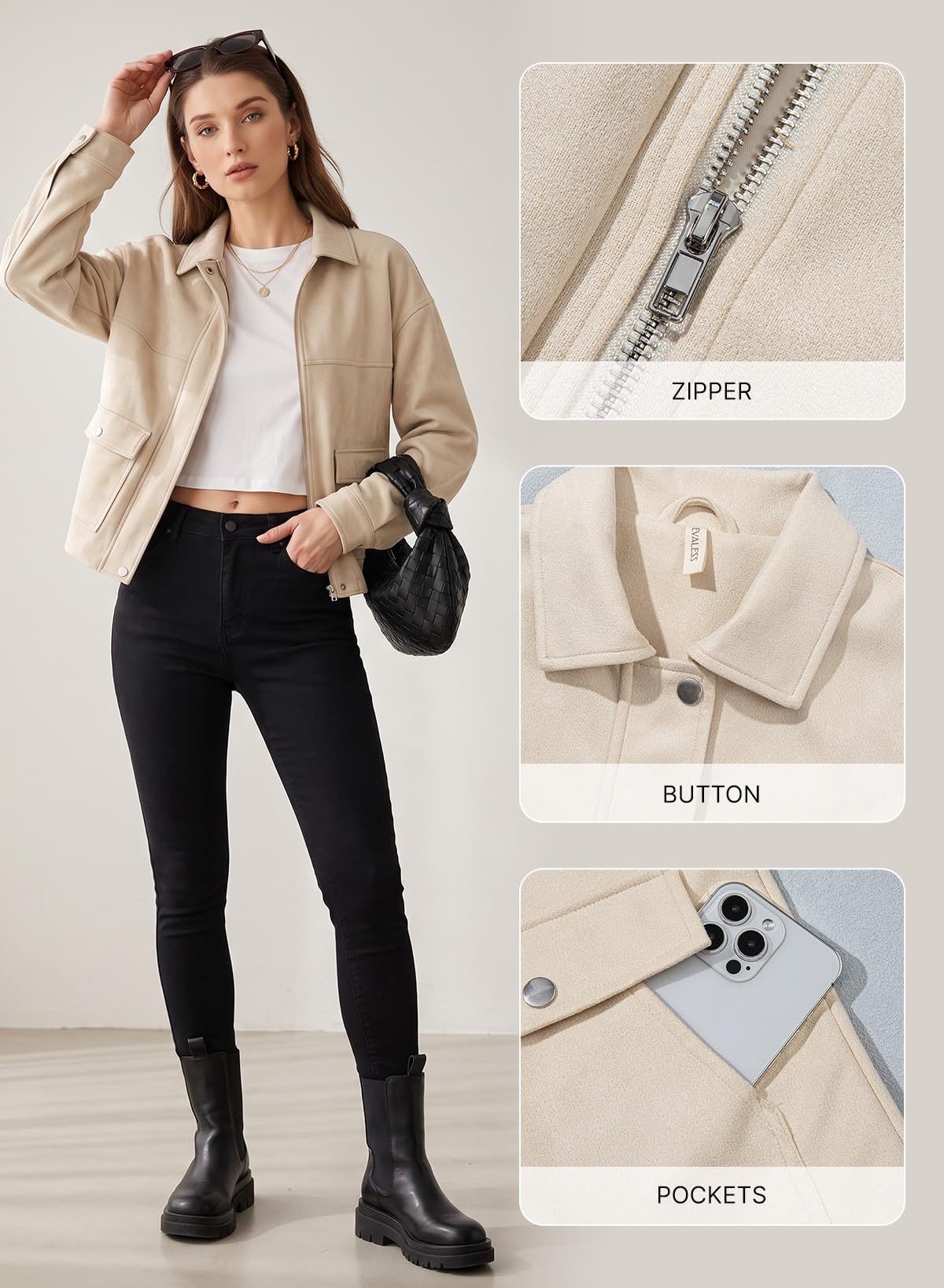 EVALESS Fall Jackets for Women Faux Suede Lapel Zip Up Boyfriend Biker Moto Coat Lightweight Fall Bomber Outerwear Beige Medium