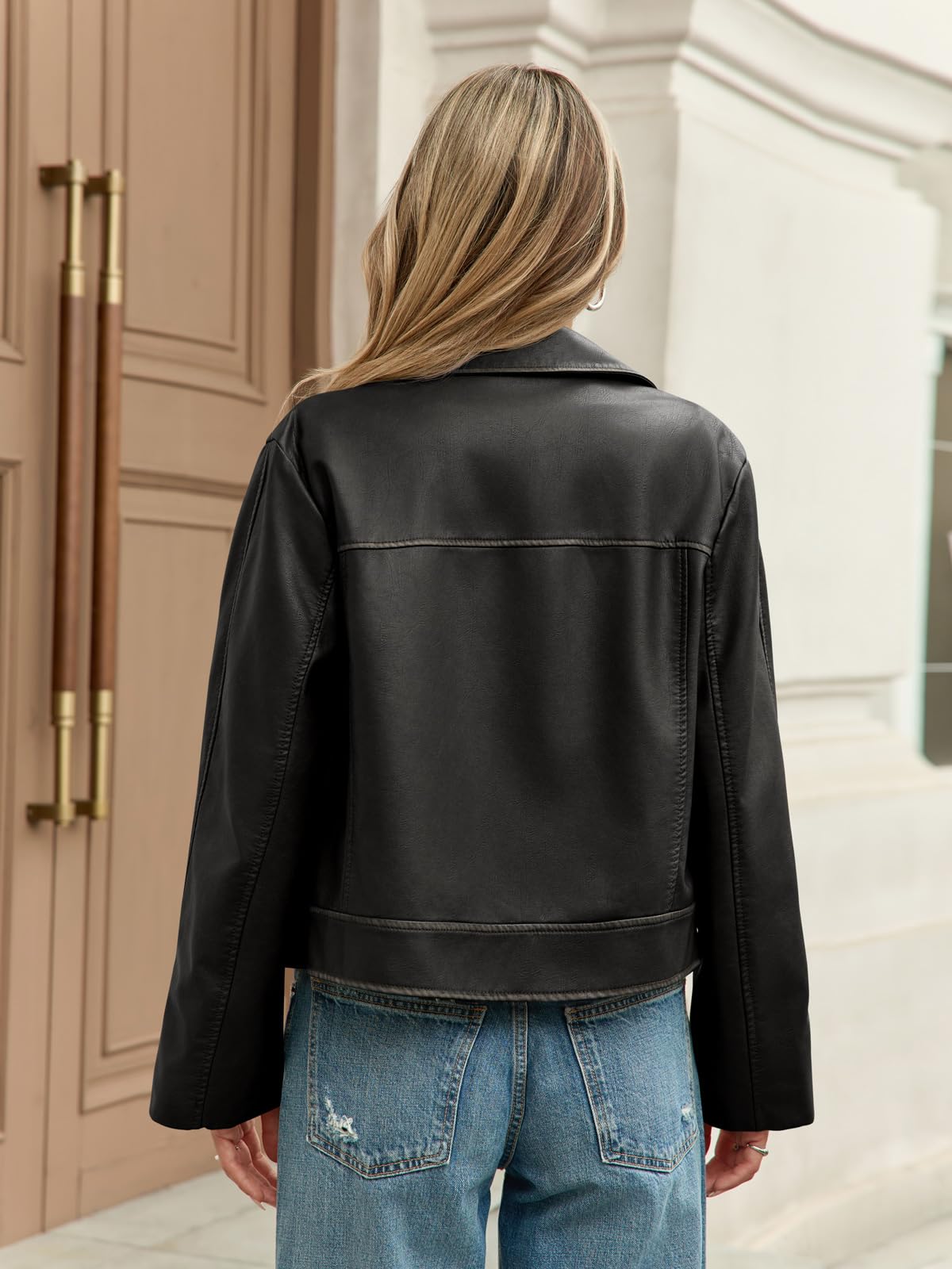 Yousify Womens Faux Leather Jacket Casual Zip Up Motorcycle Long Sleeve Collared Spring Cropped Coats with Pockets