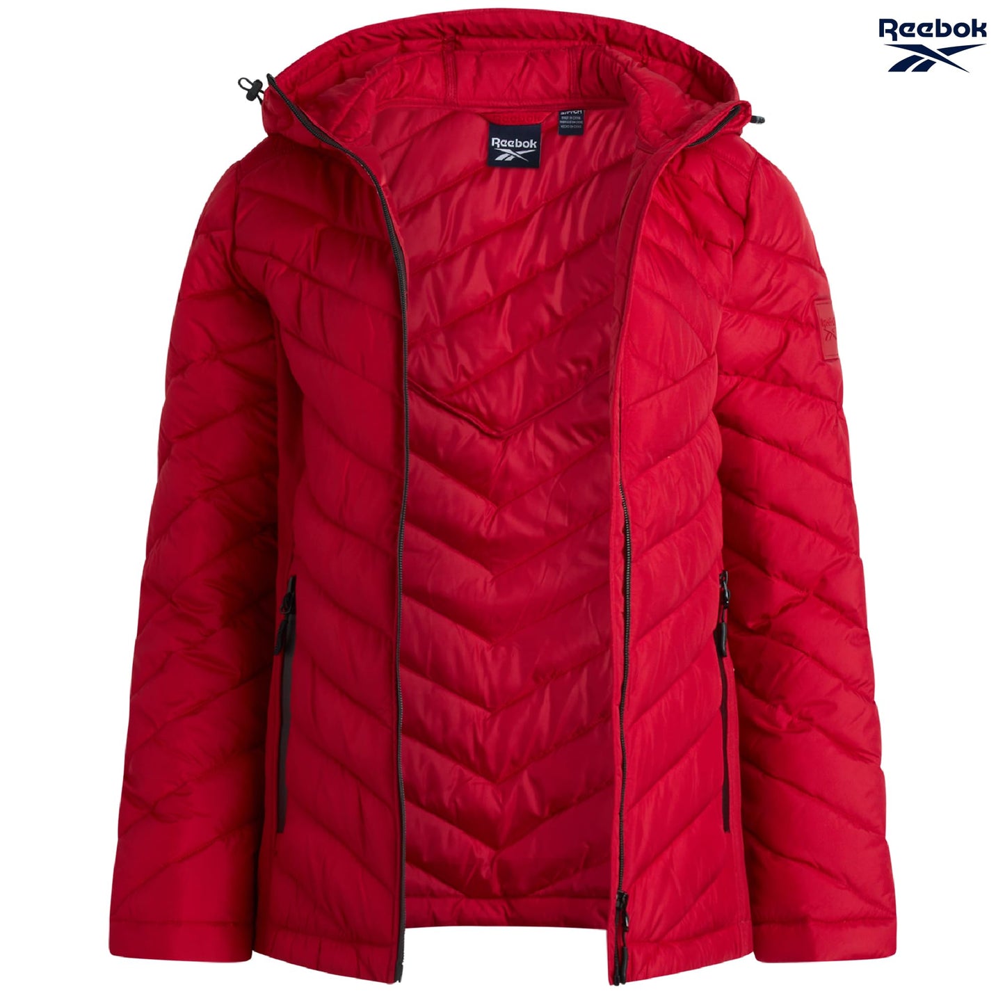 Reebok Womens Puffer Jacket - Midweight Quilted Snow Glacier Shield Full Zip Winter Coat for Women with Hood & Zip Pockets, Size Small, Vector Red Glow