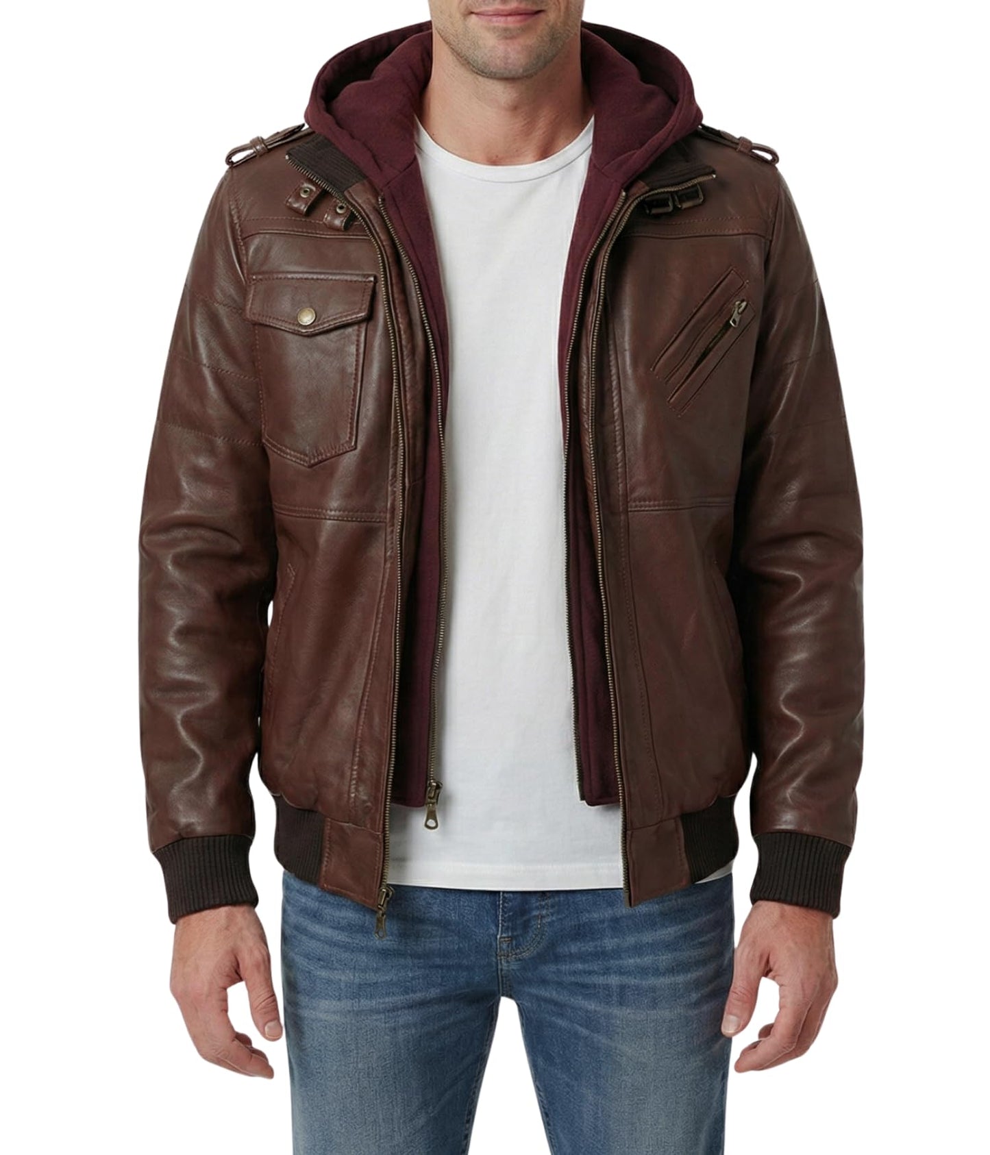 Decrum Brown Leather Jacket with Hood For Men | [1112376] Dark Brown Edinburgh, 2XL